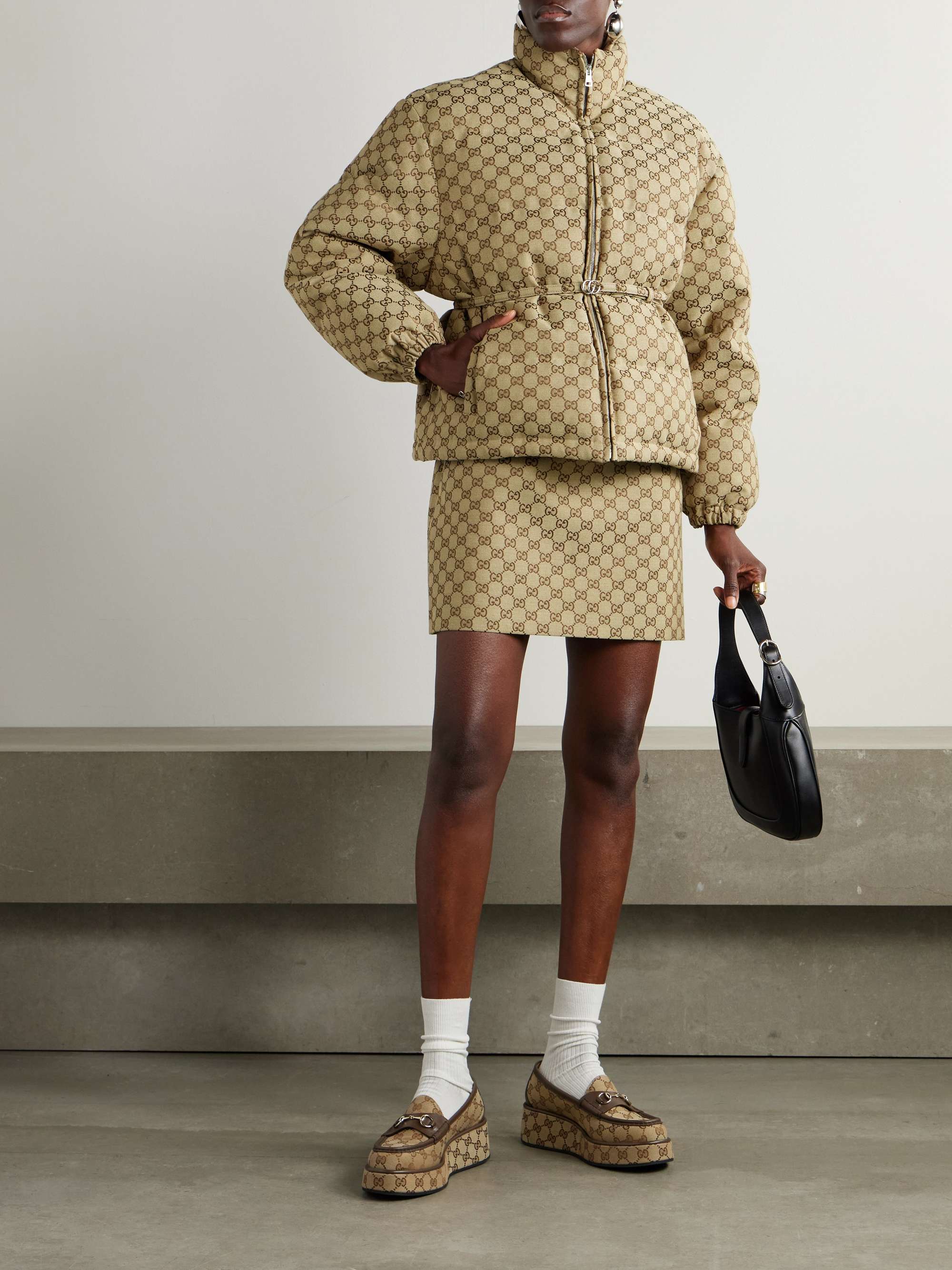 Belted leather-trimmed cotton-blend canvas down jacket view