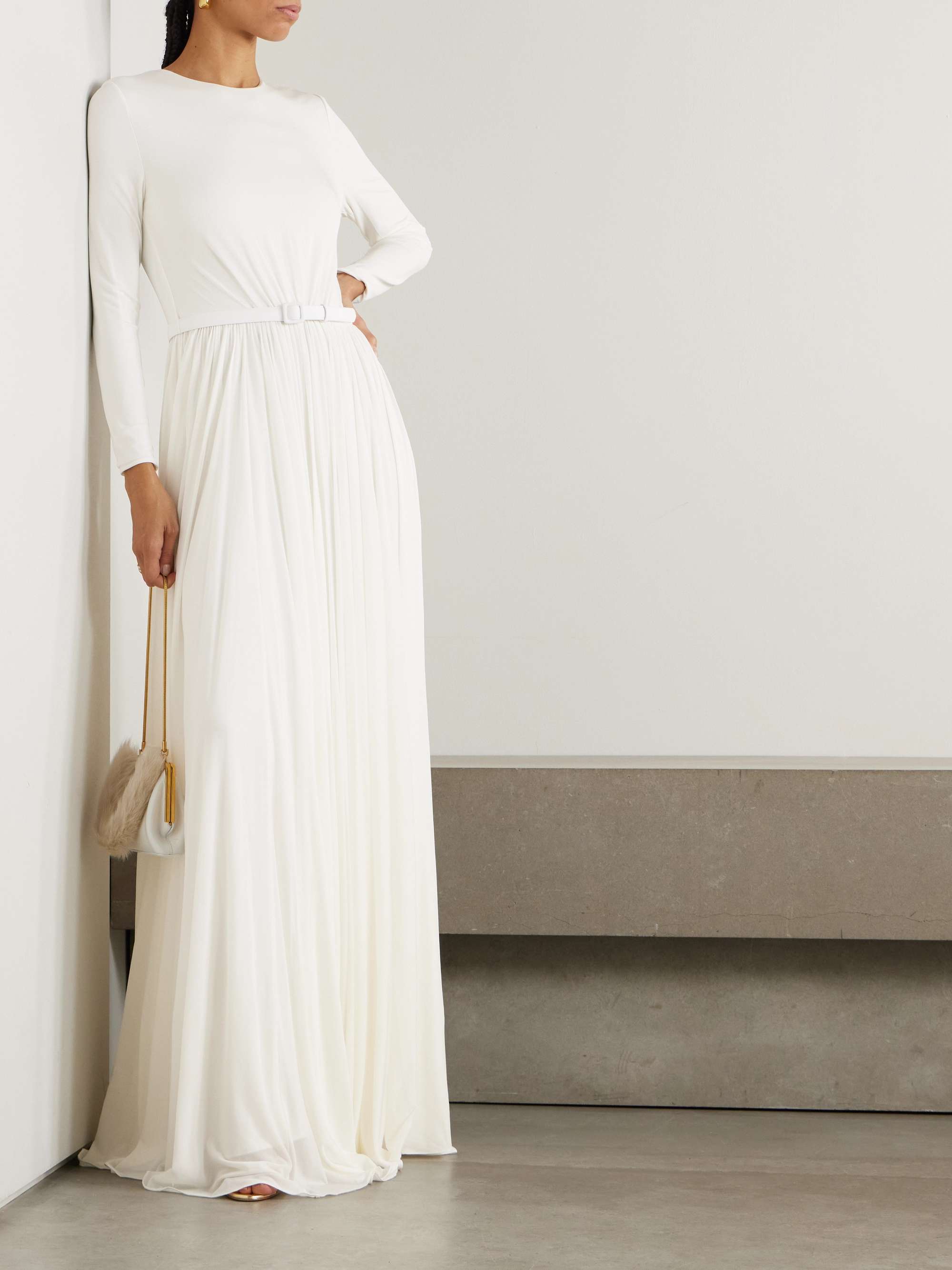 Belted leather-trimmed pleated crepe-jersey maxi dress view