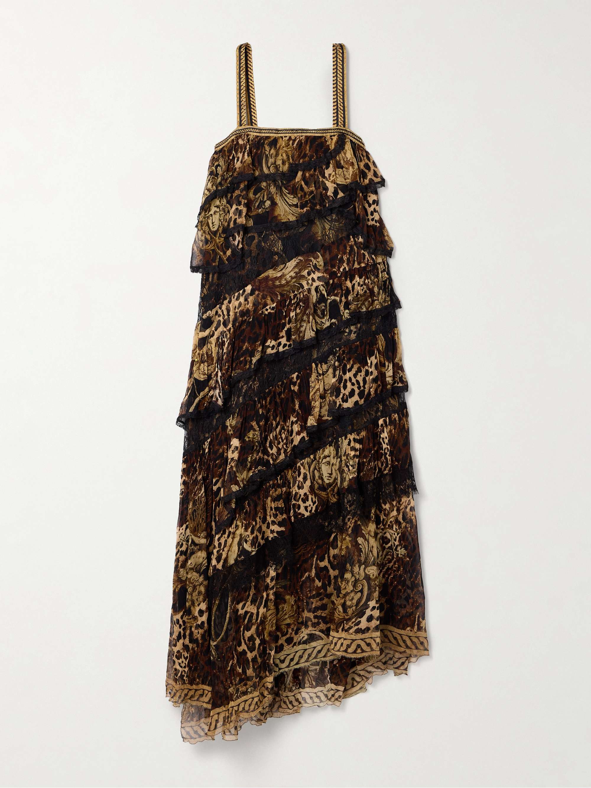Tiered lace-trimmed crystal-embellished printed silk-crepon maxi dress view