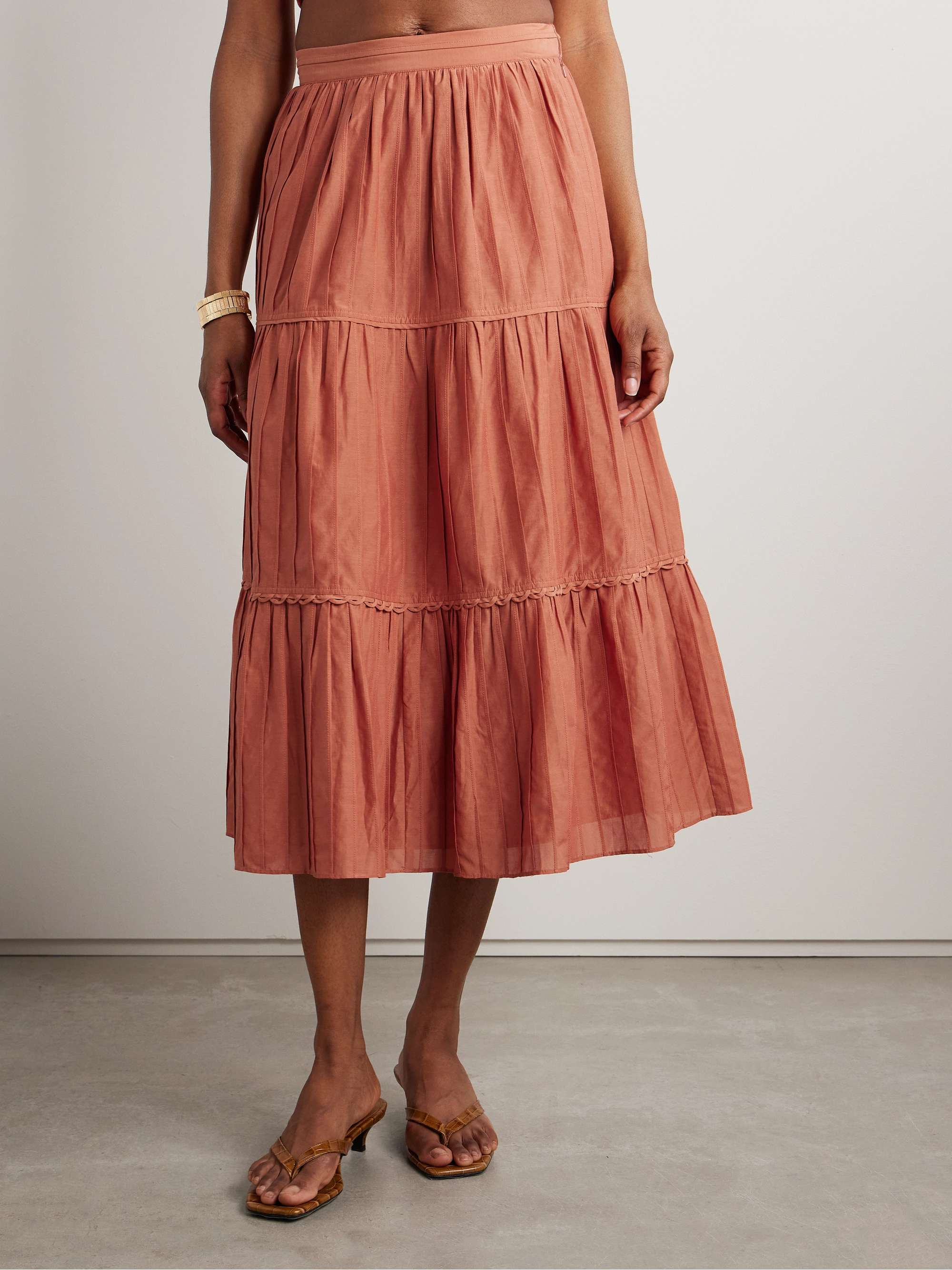 Tiered pintucked cotton and silk-blend midi skirt view