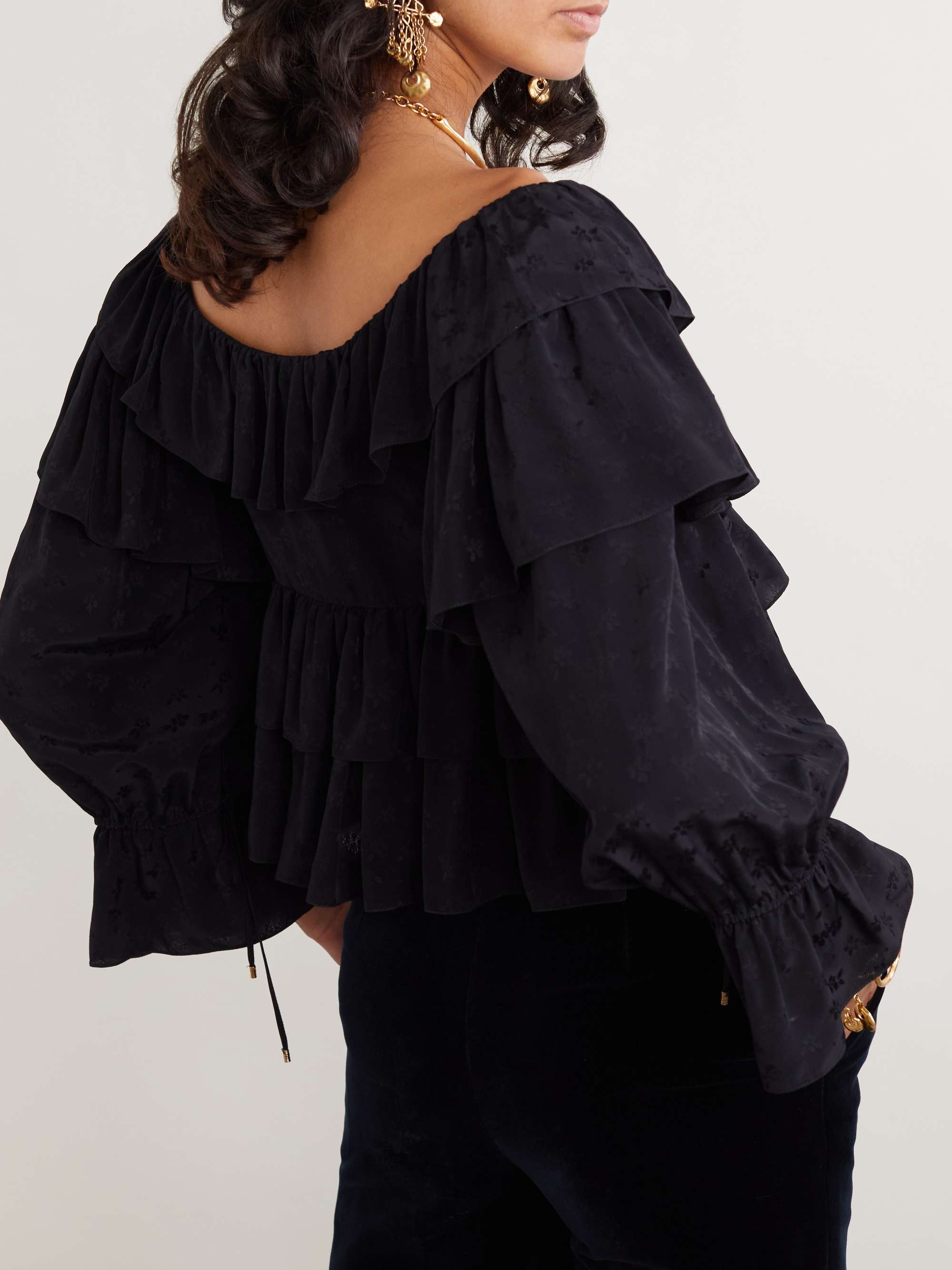 Ruffled cropped floral-jacquard blouse view