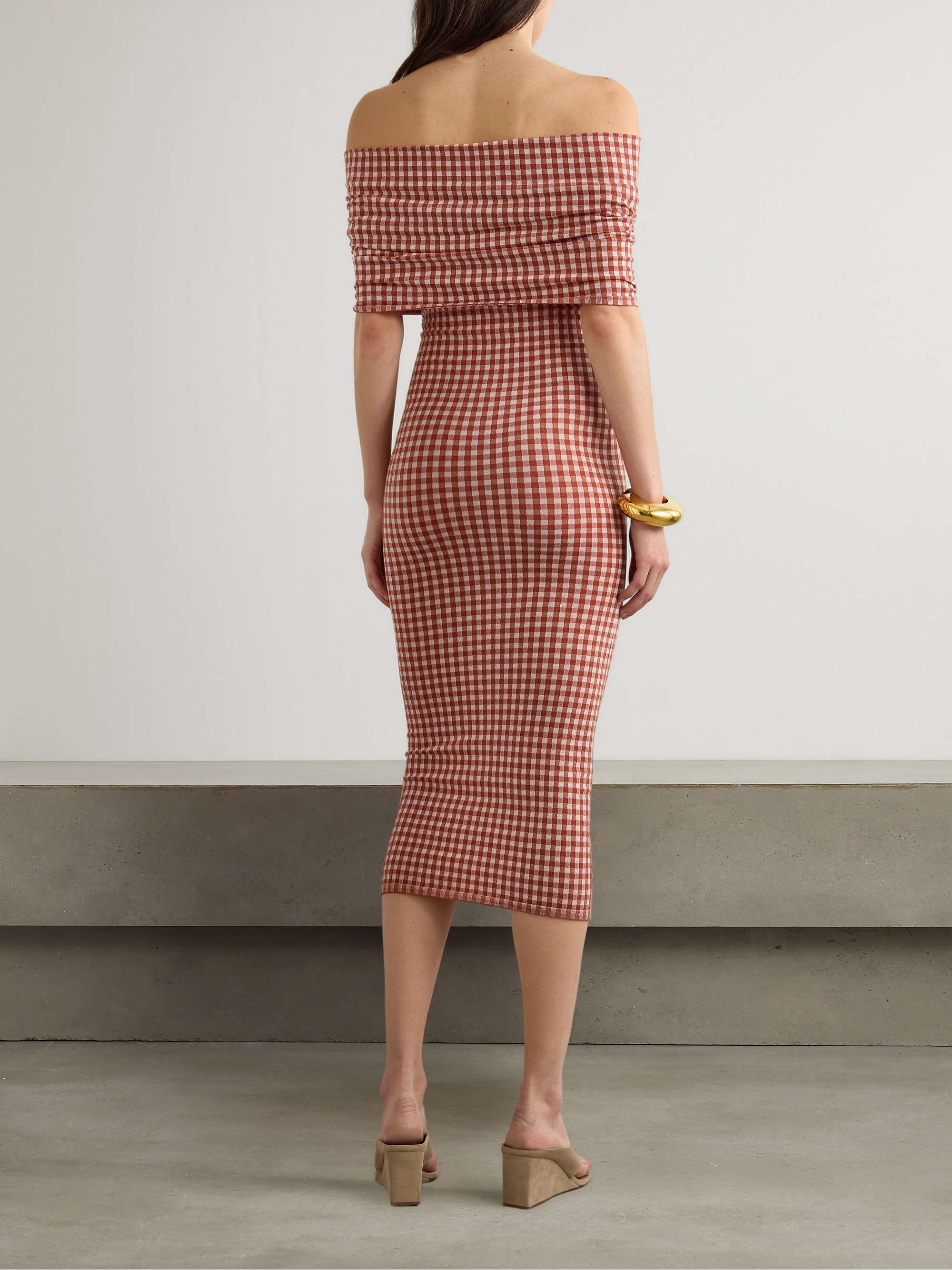 Off-the-shoulder checked stretch-knit midi dress view