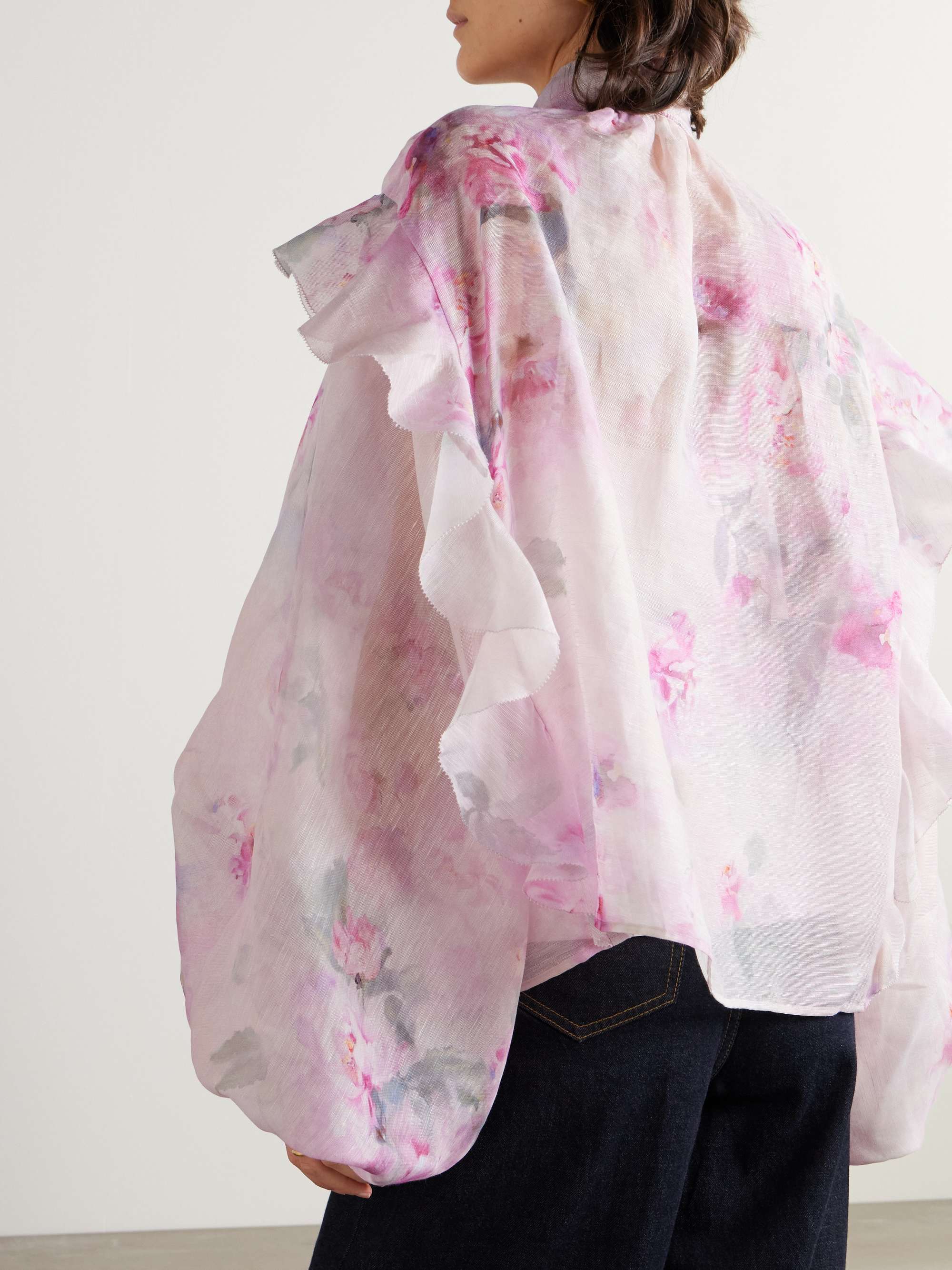 Crush tie-neck ruffled floral-print linen and silk-blend organza blouse view