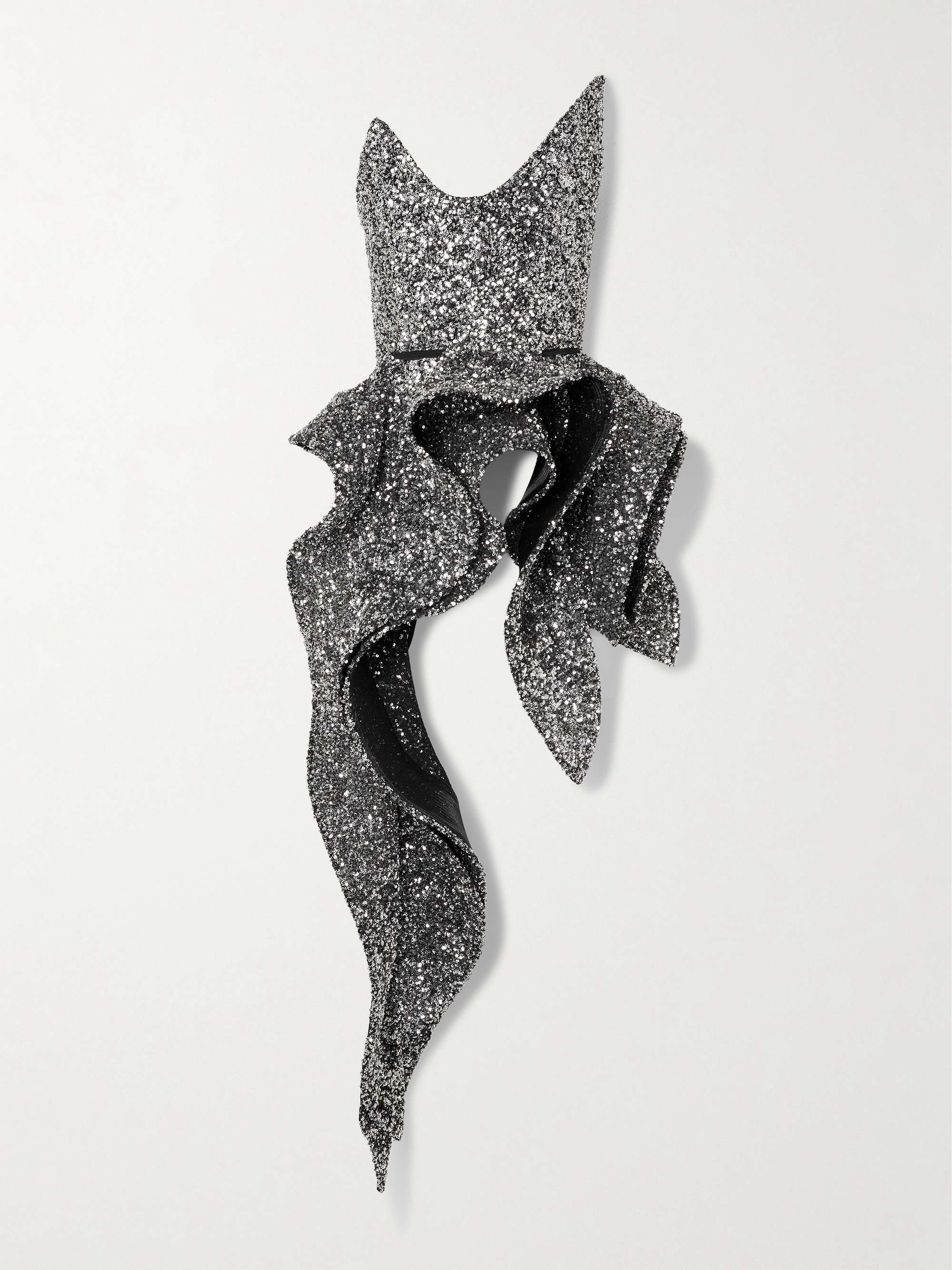 Indiscreet Wave strapless asymmetric ruffled sequined tulle top view