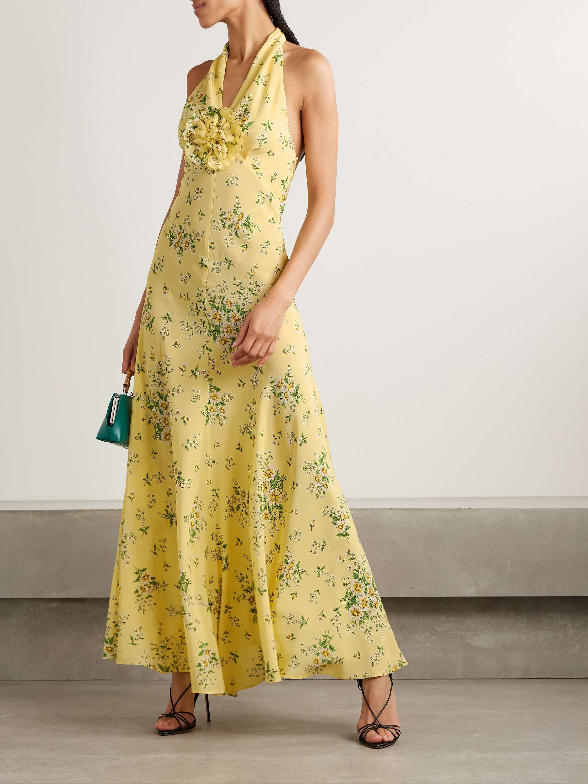 Appliquéd floral-print silk crepe de chine halterneck gown view