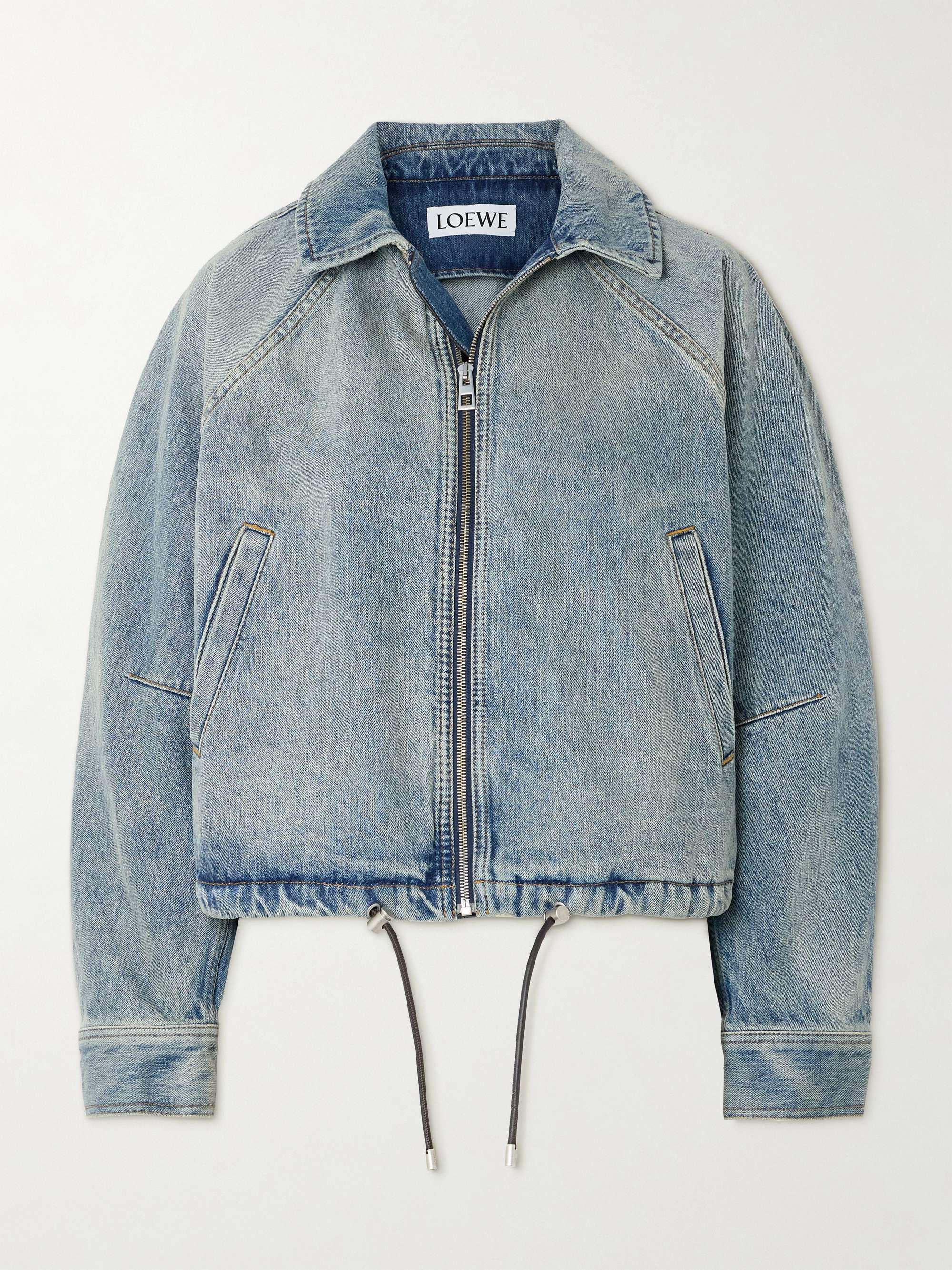 Leather-trimmed denim bomber jacket view