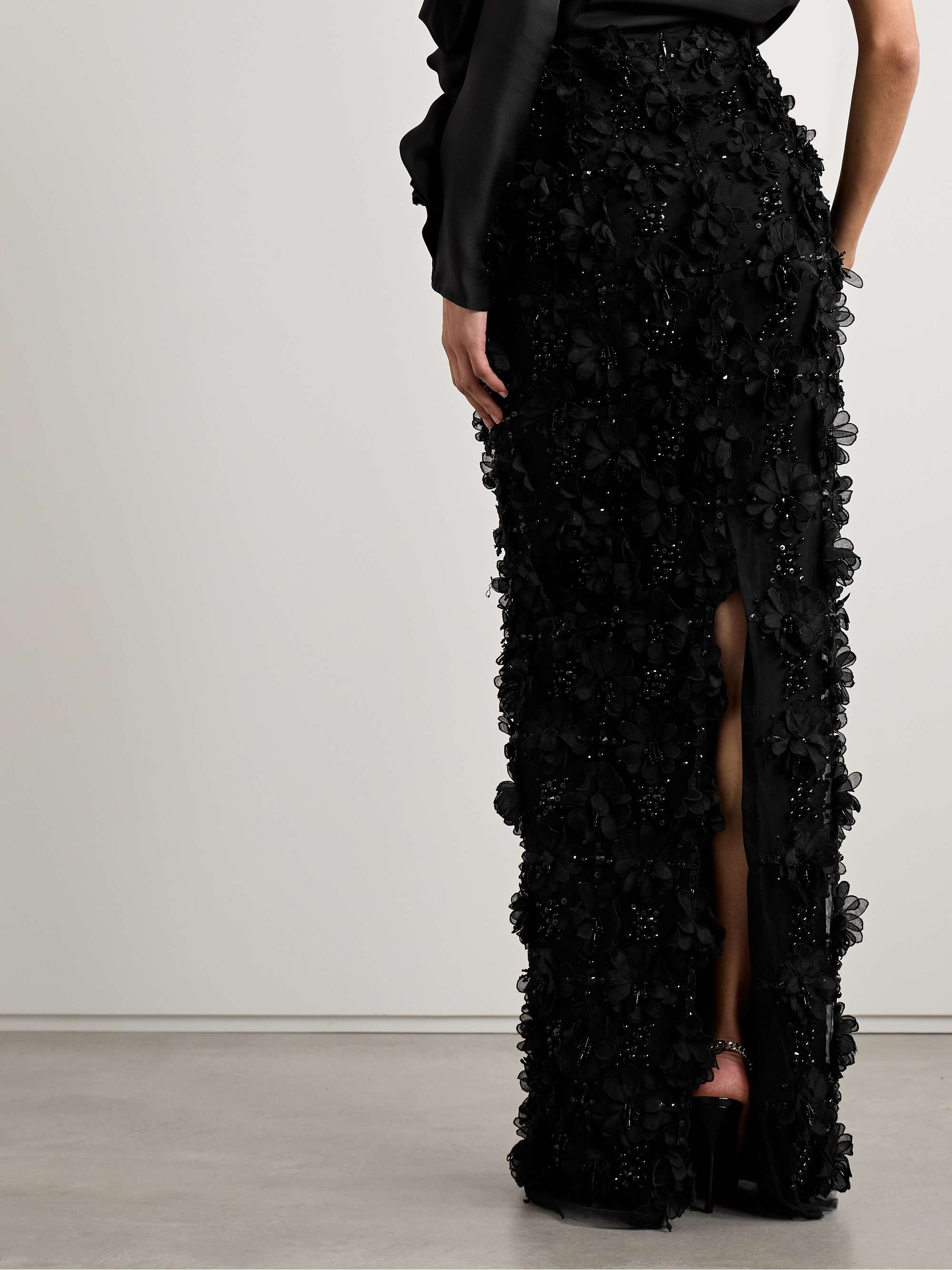 Appliquéd bead-embellished tulle maxi skirt view