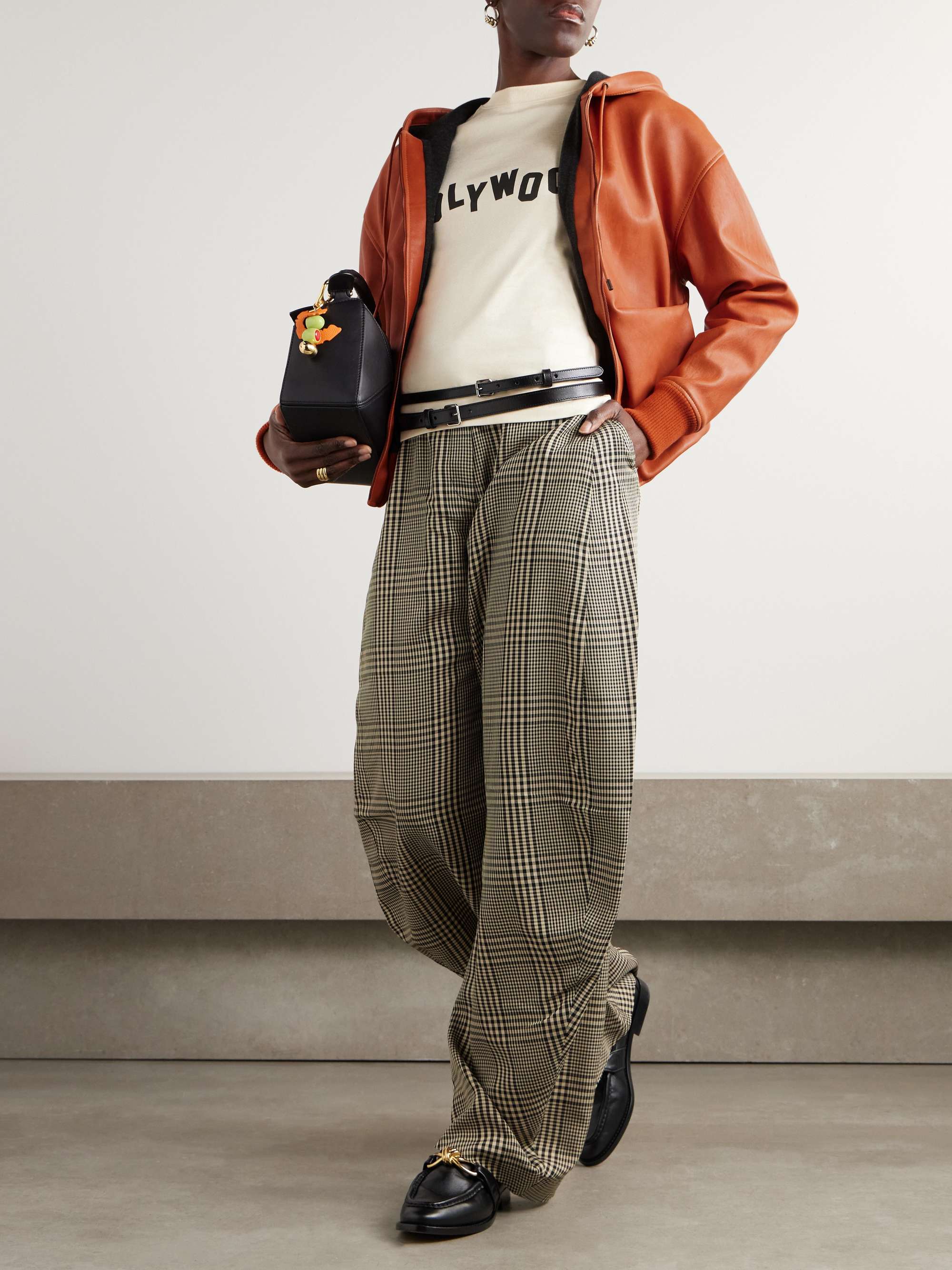 Hooded draped leather jacket view