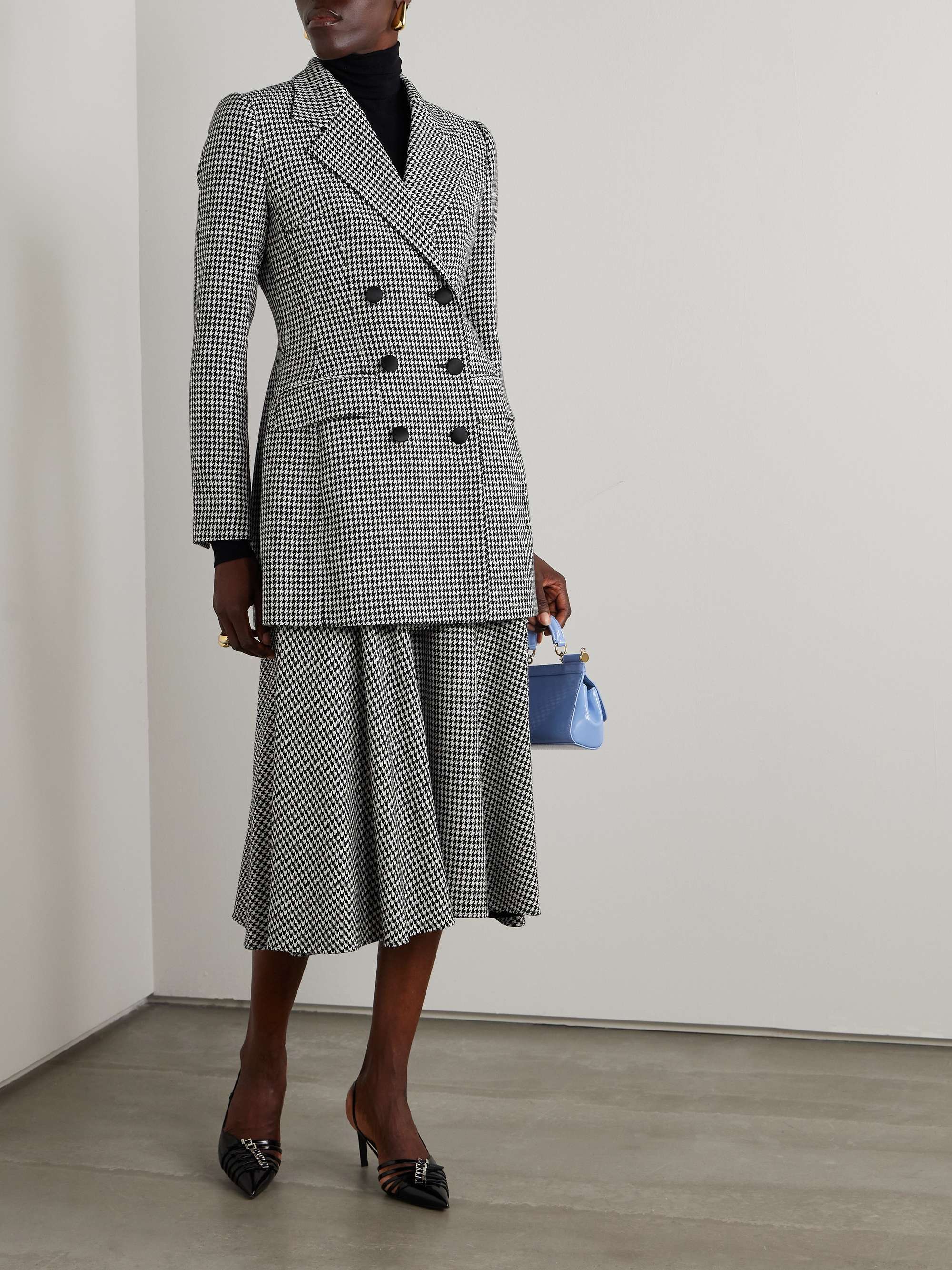 Pleated houndstooth wool-blend midi skirt view