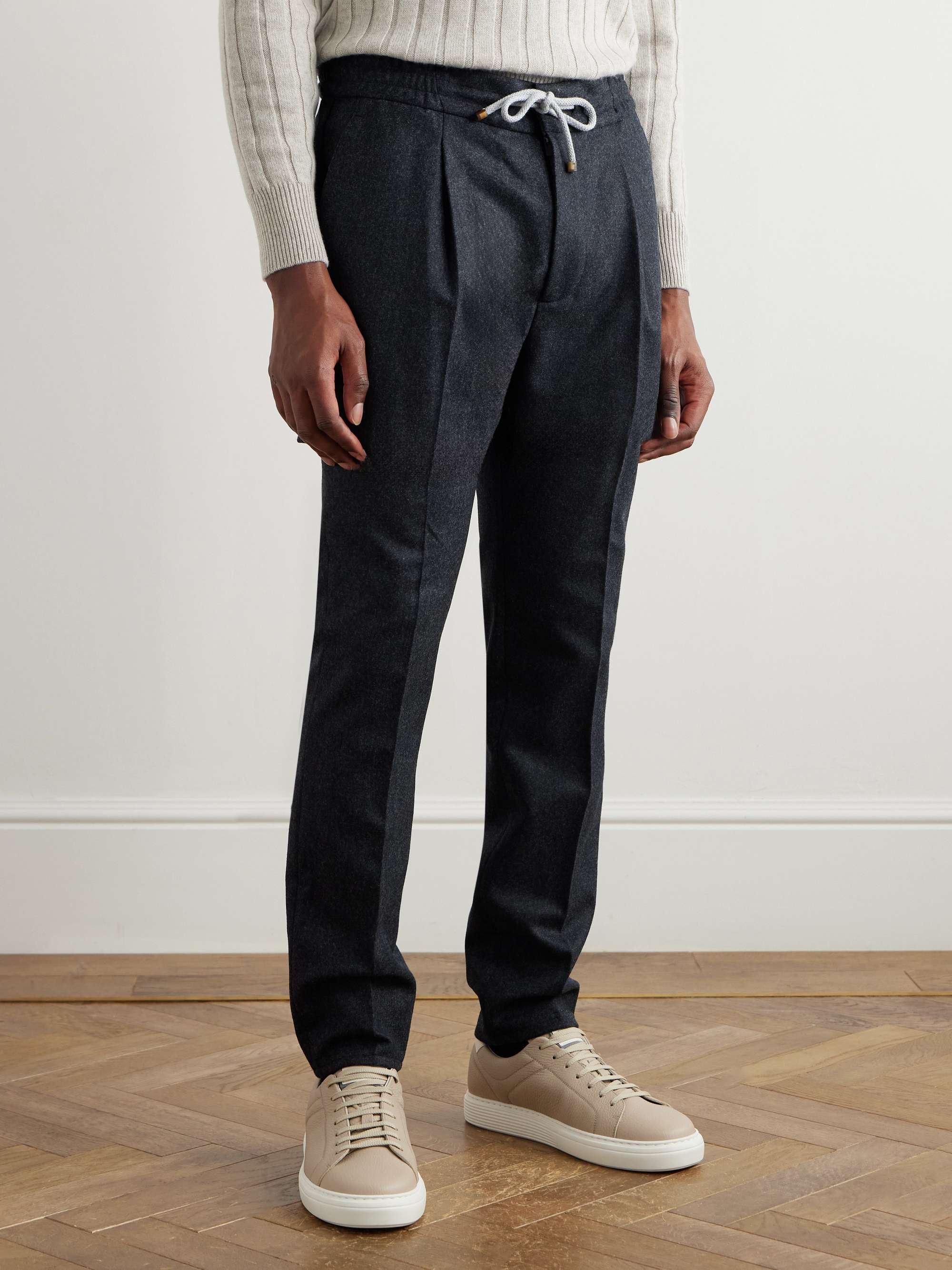 Straight-Leg Brushed Virgin Wool Drawstring Trousers view
