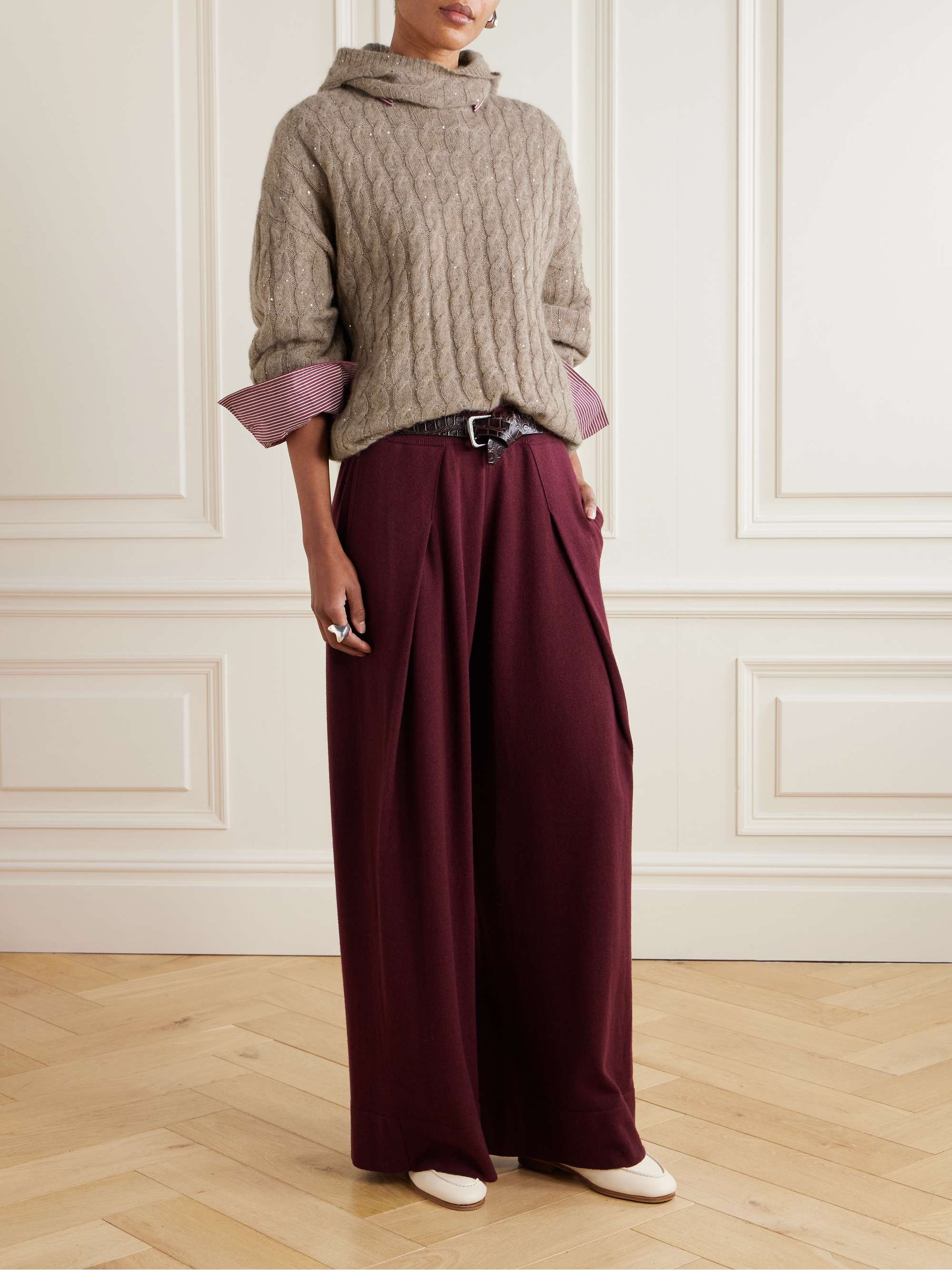 Hooded sequin-embellished cable-knit sweater view