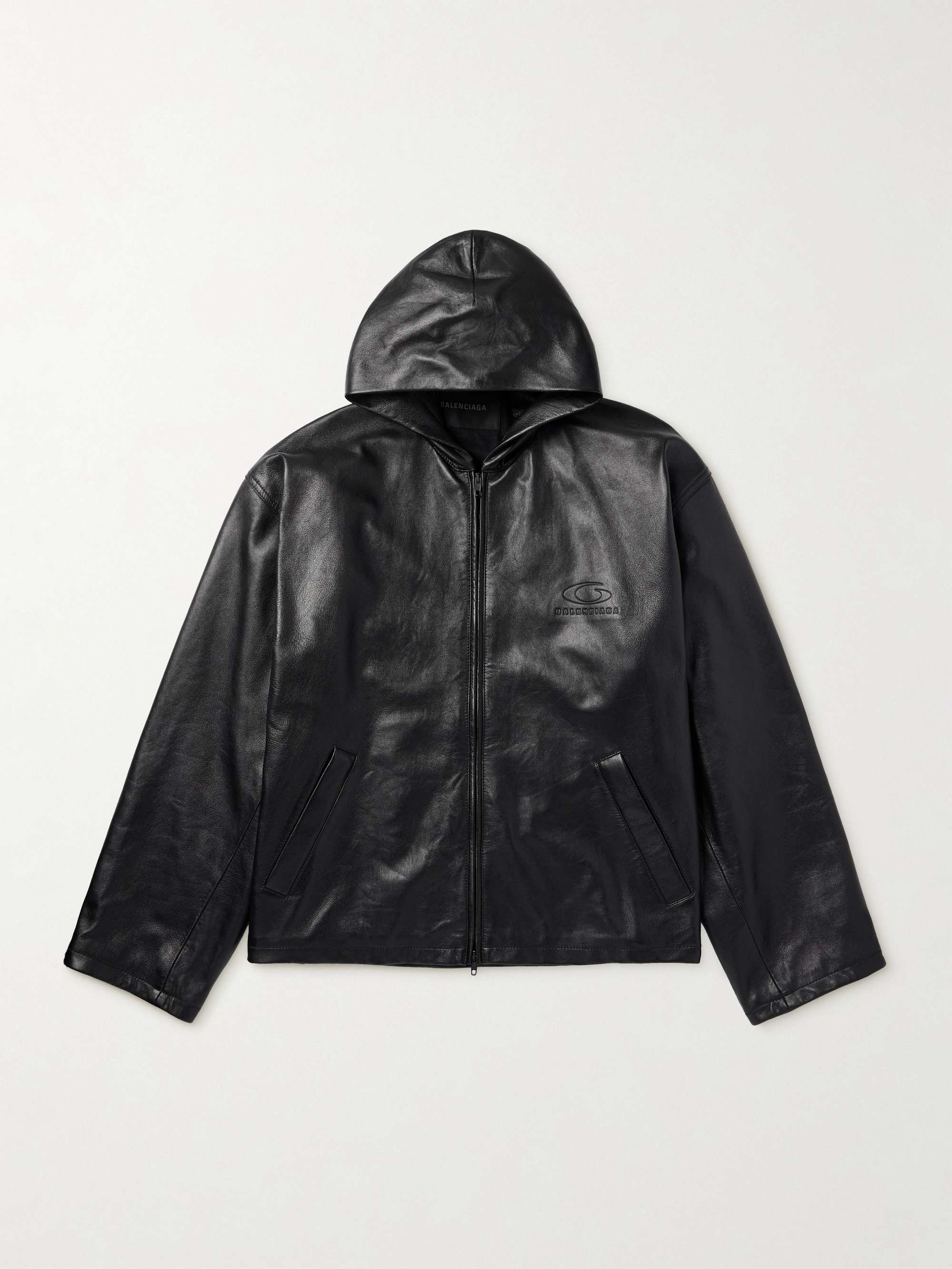 Oversized Logo-Debossed Leather Hooded Jacket view