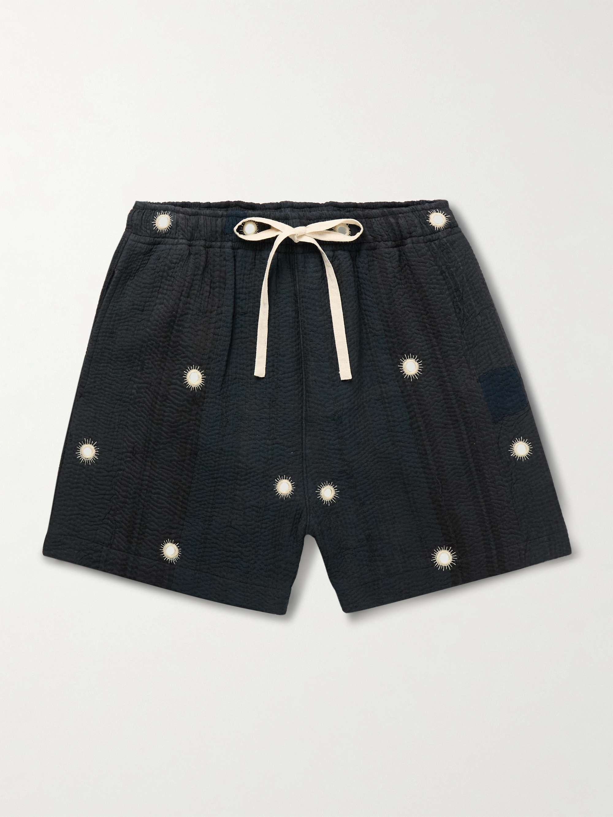Straight-Leg Embellished Kantha Cotton Drawstring Shorts view