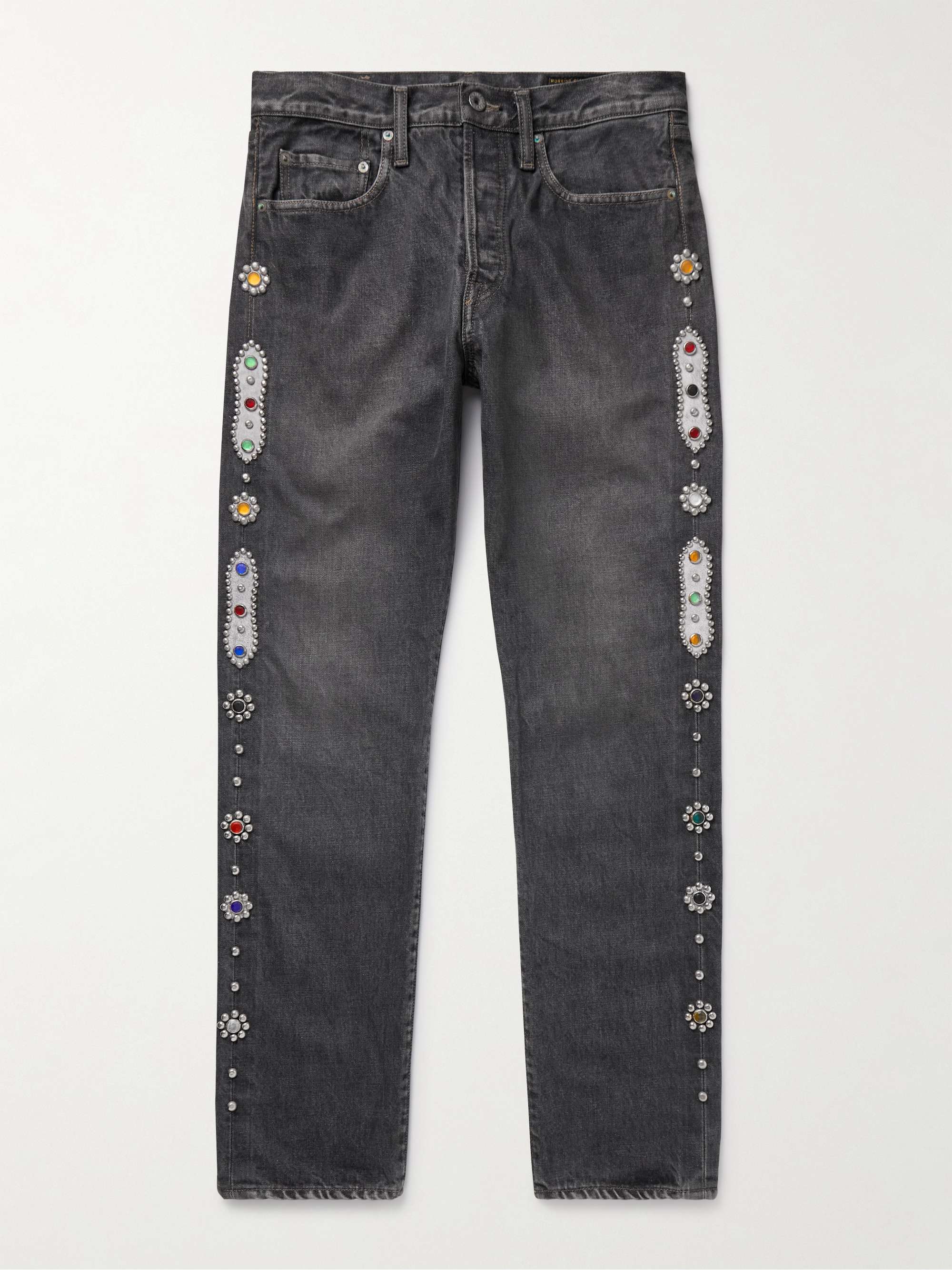 Monkey CISCO Straight-Leg Embellished Leather-Trimmed Jeans view