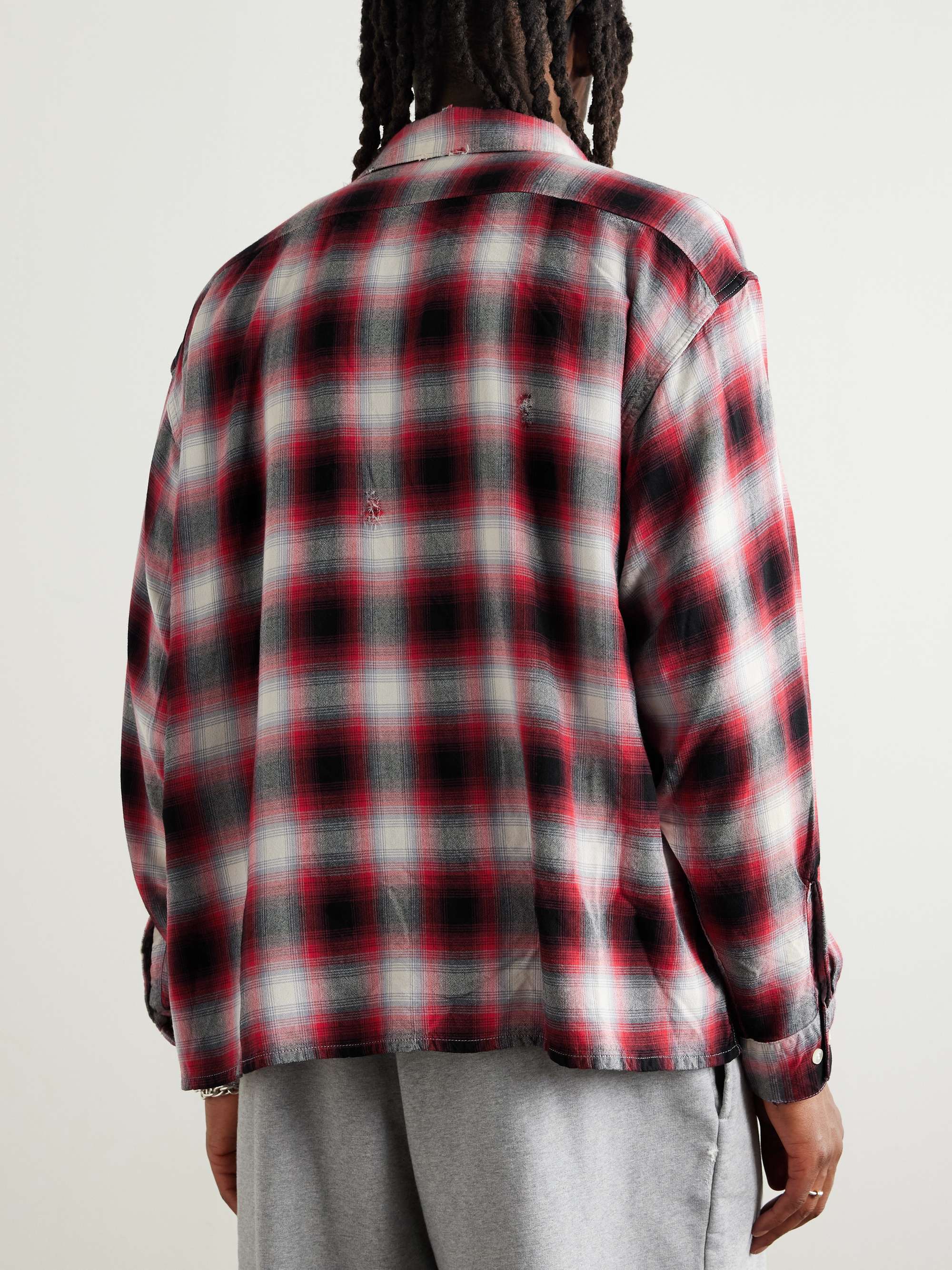 + LASTMAN Convertible-Collar Distressed Paint-Splattered Checked Oxford Shirt view