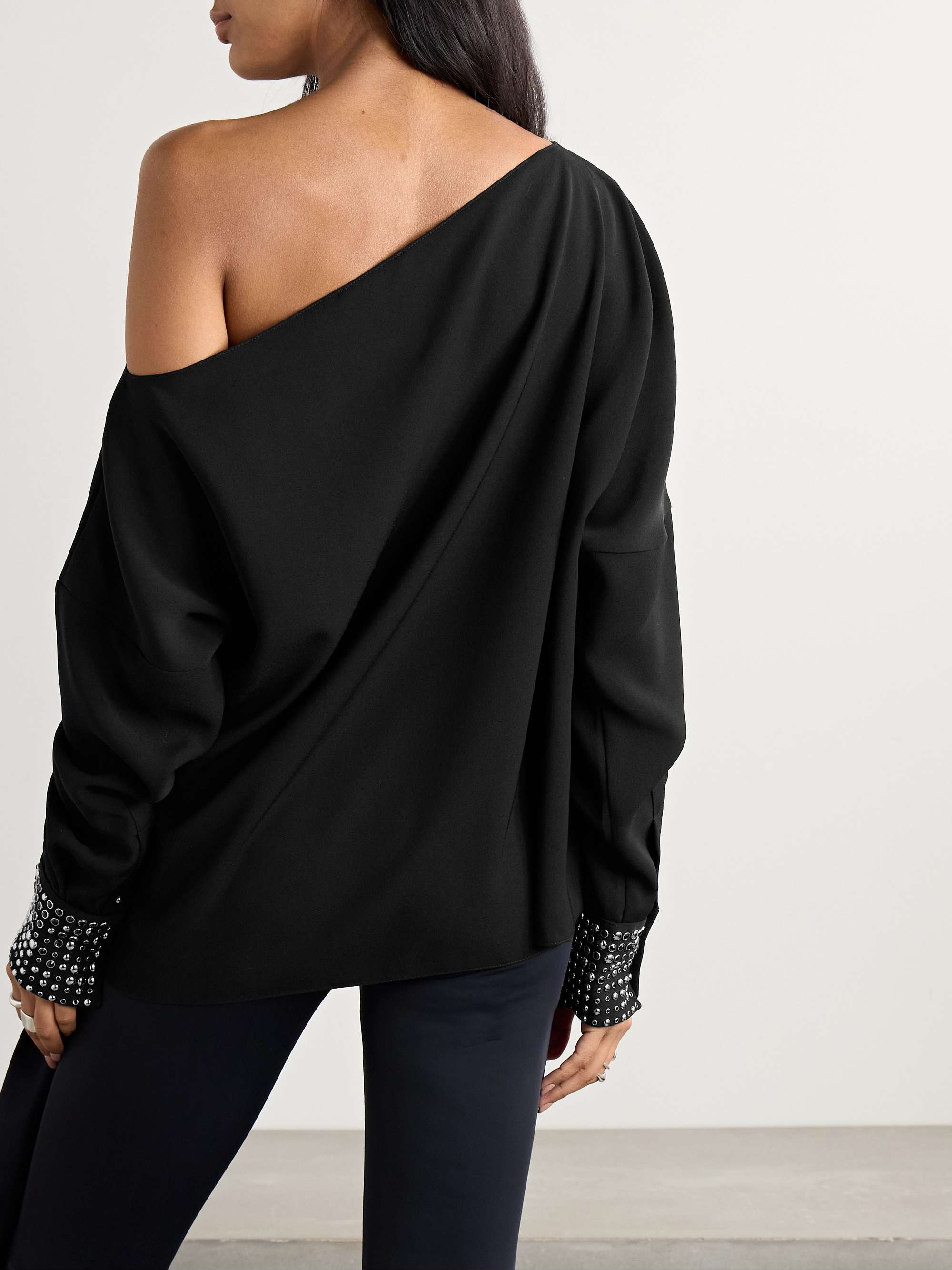 Volante off-the-shoulder embellished crepe top view