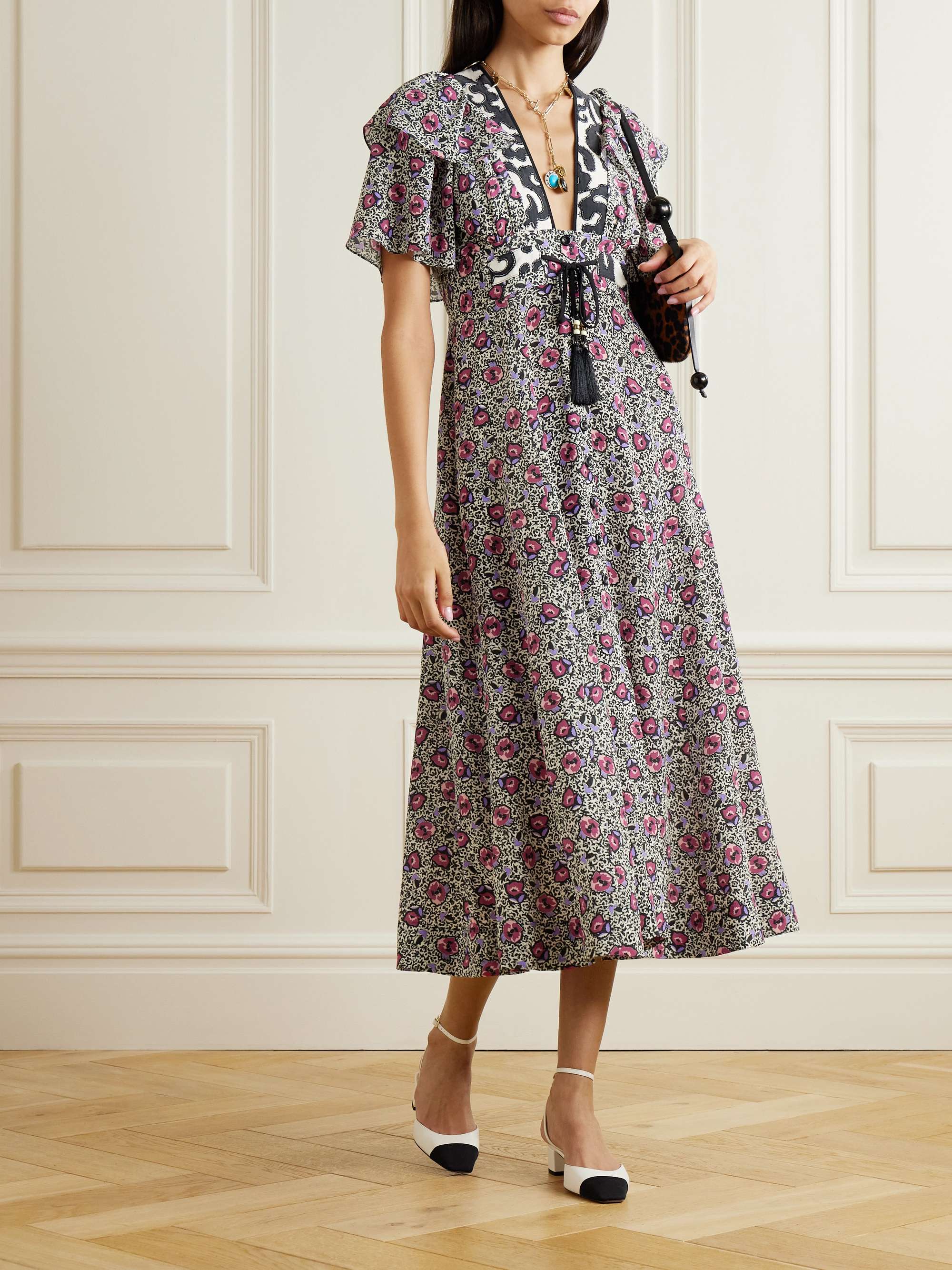 Flora Mar tasseled floral-print silk crepe de chine midi dress view