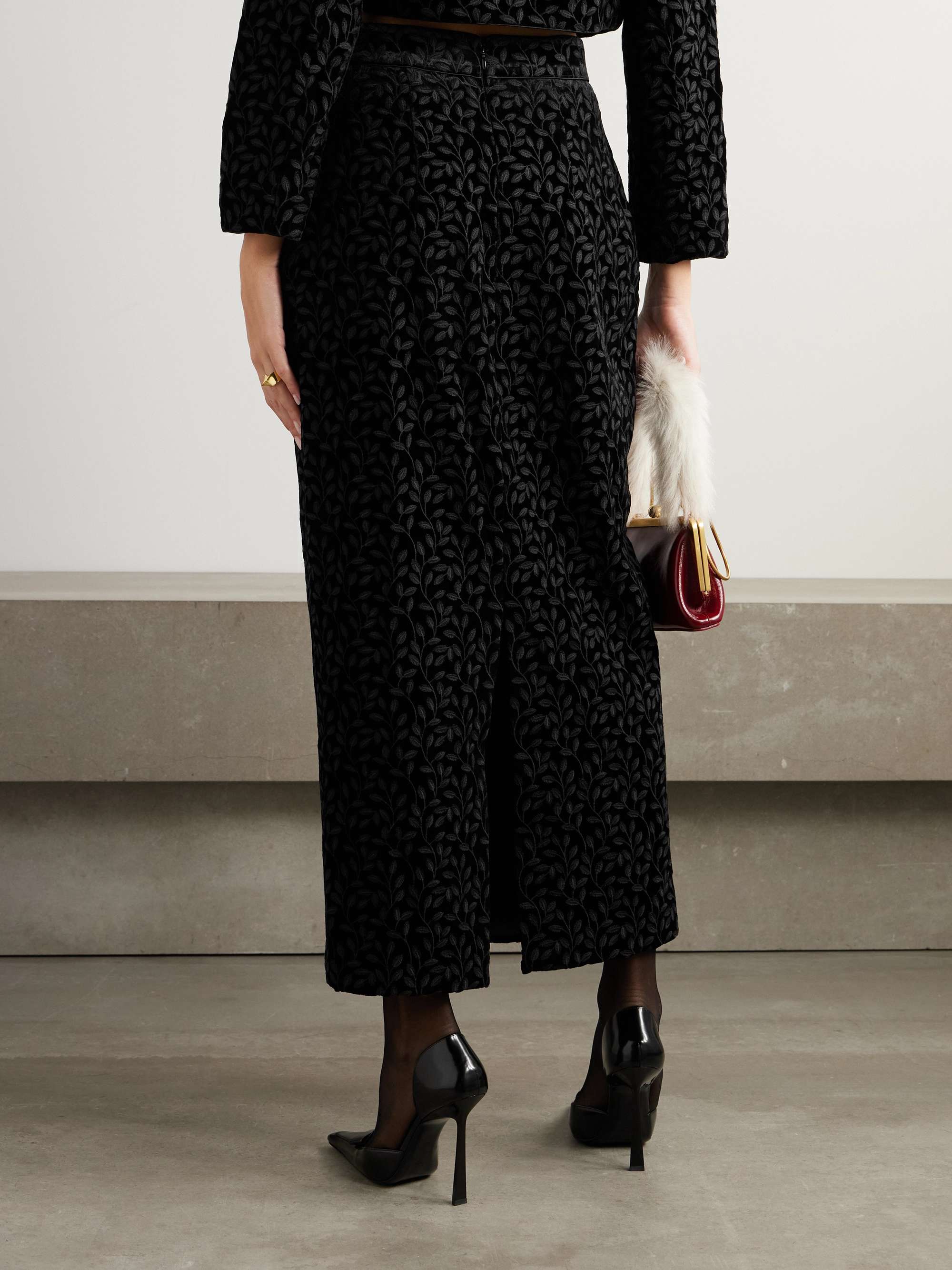 Nat satin-trimmed embroidered velvet midi skirt view