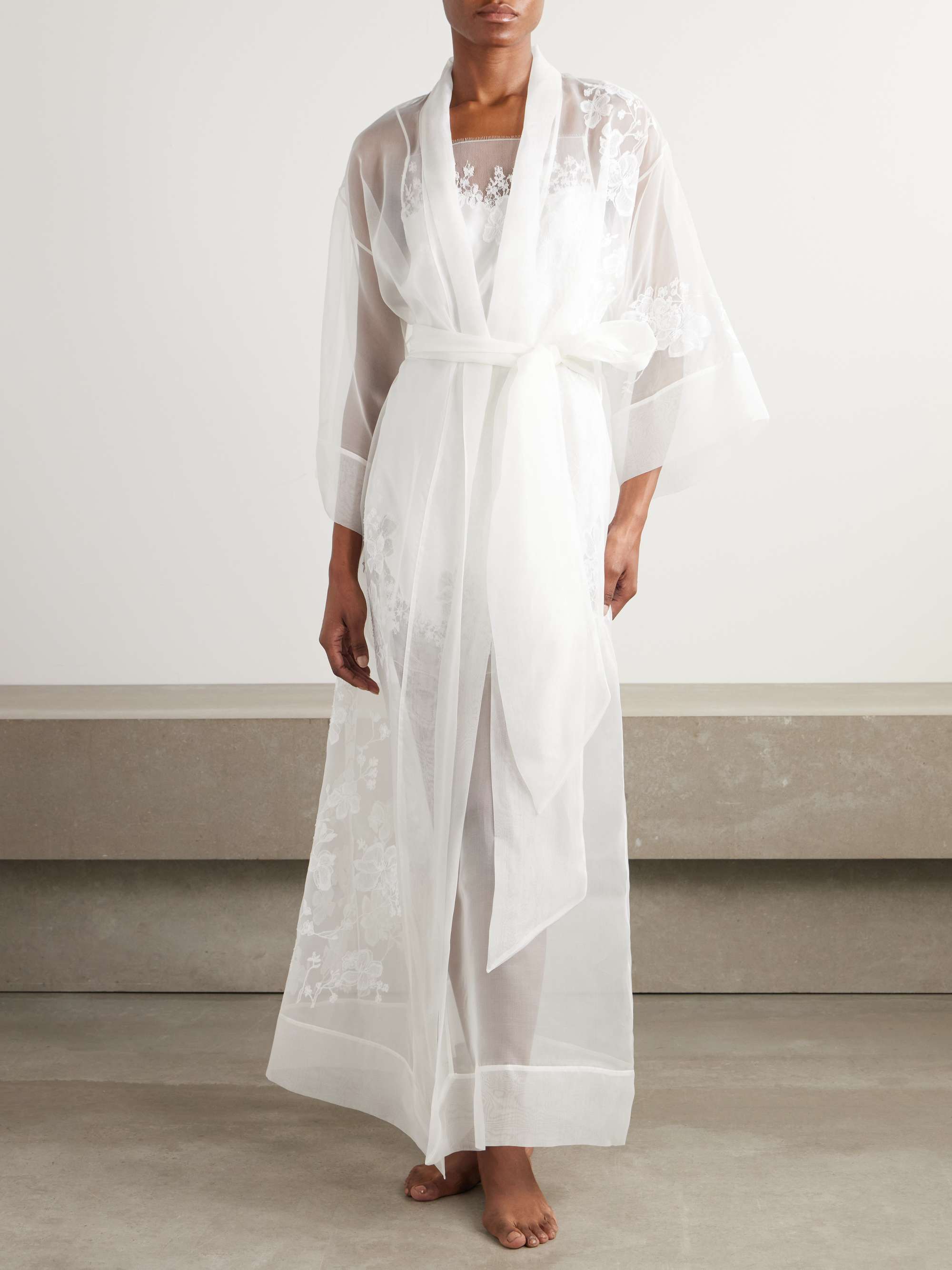 Belted embroidered silk-chiffon robe view
