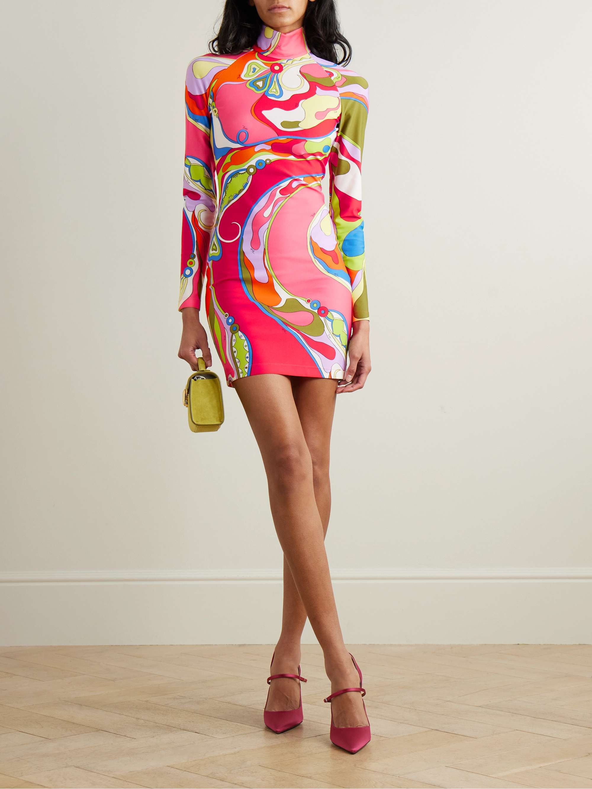 Printed stretch-twill turtleneck mini dress view