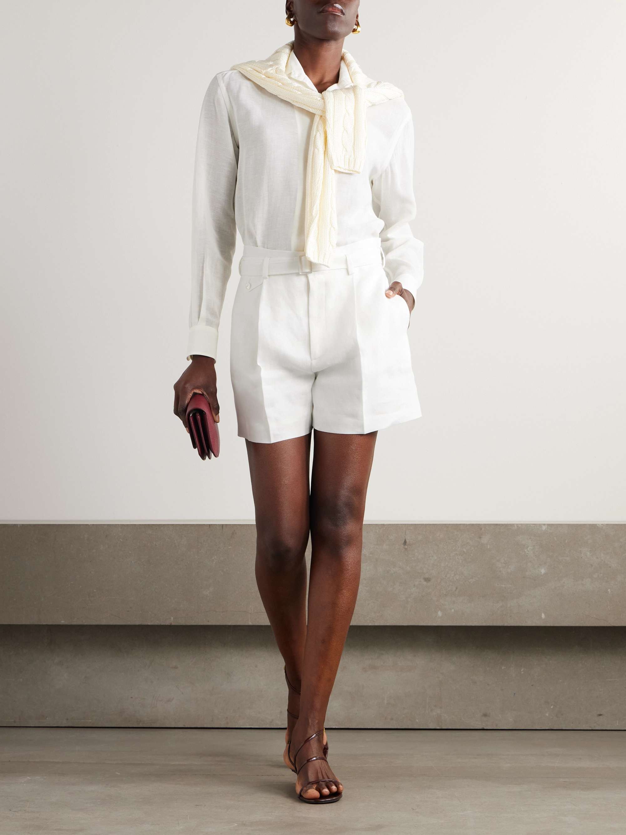 Denise belted pleated linen shorts view