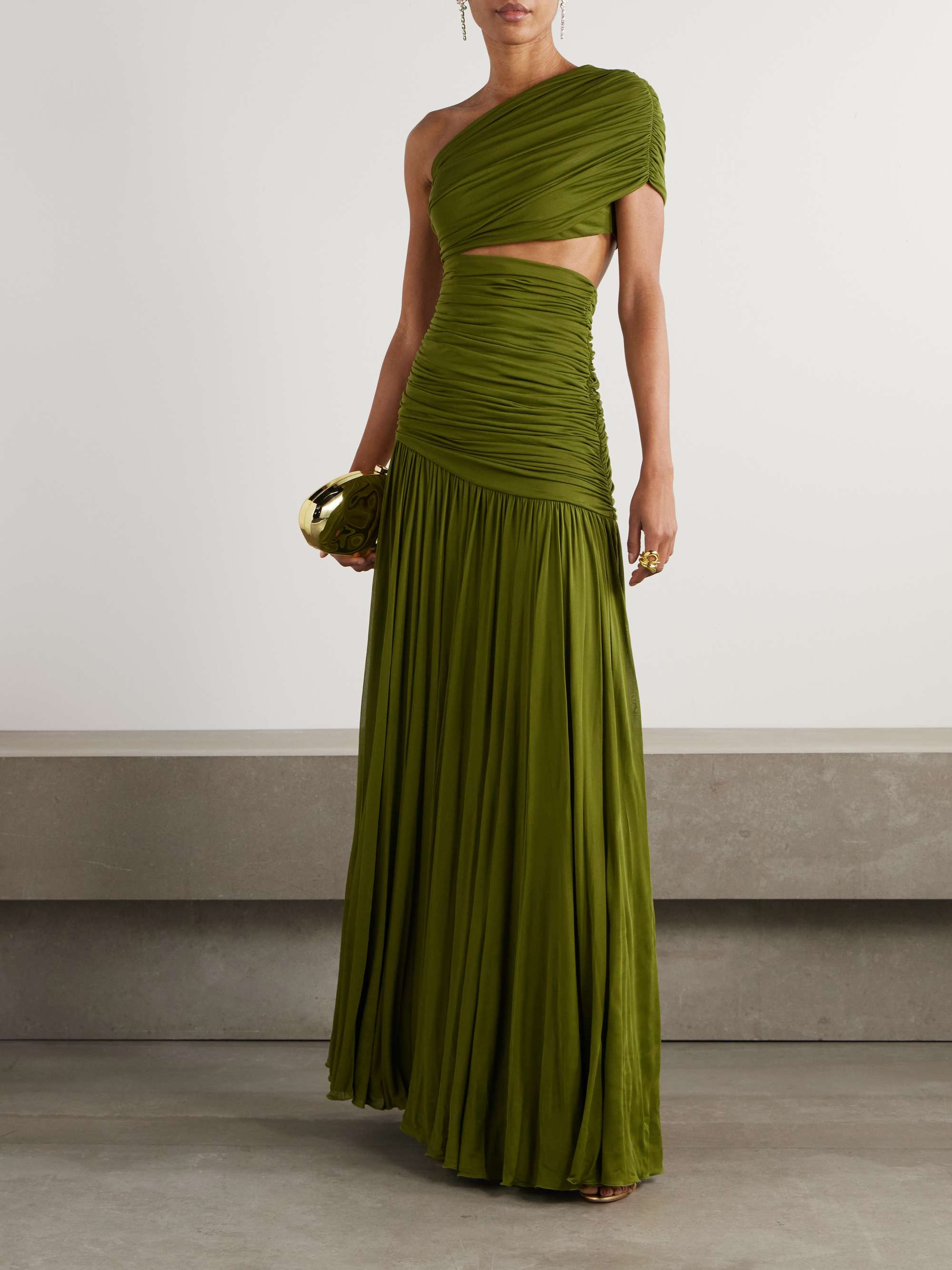 One-shoulder cutout ruched pleated jersey gown view