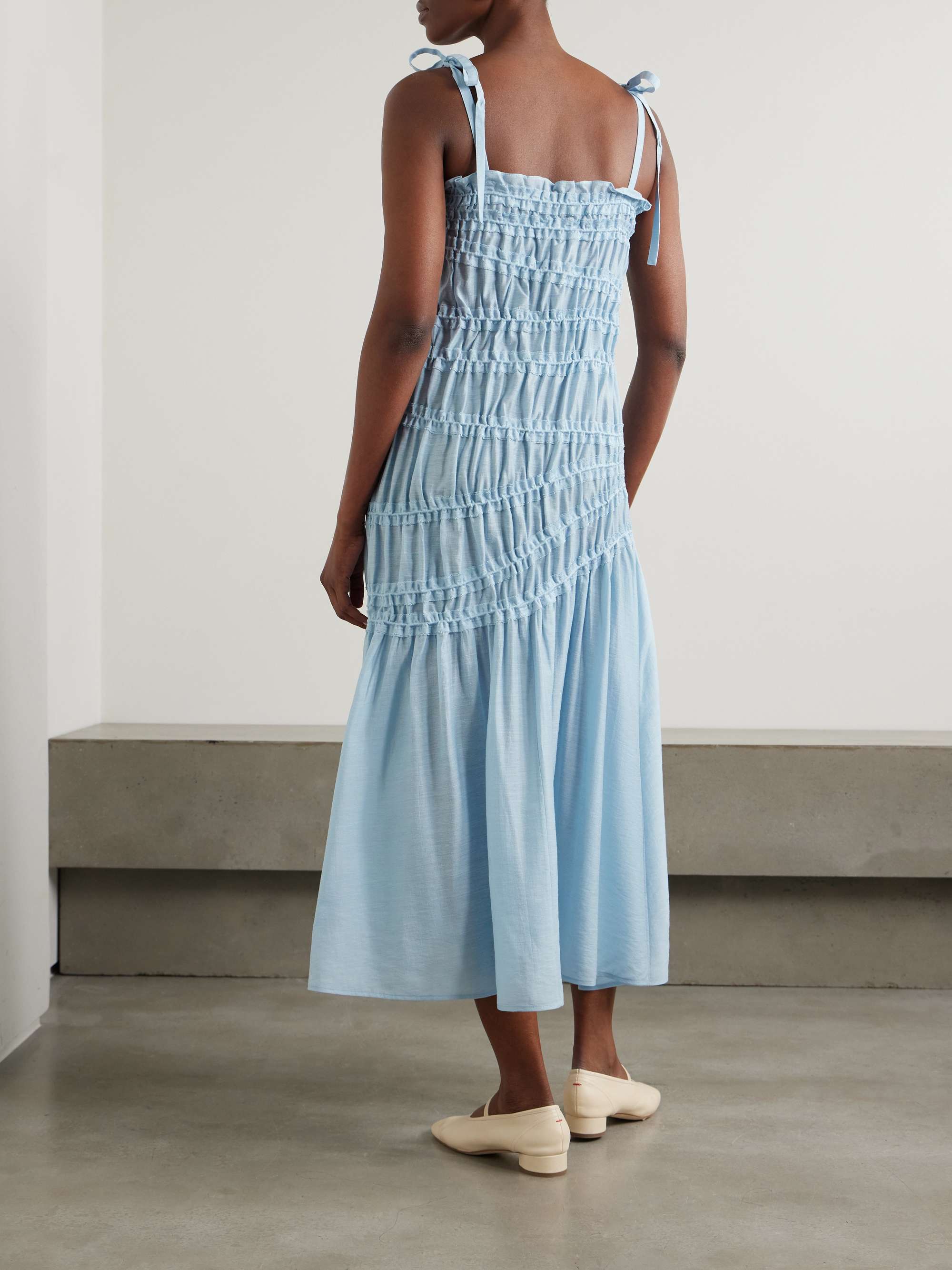 Tie-detailed smocked Lyocell-blend midi dress view