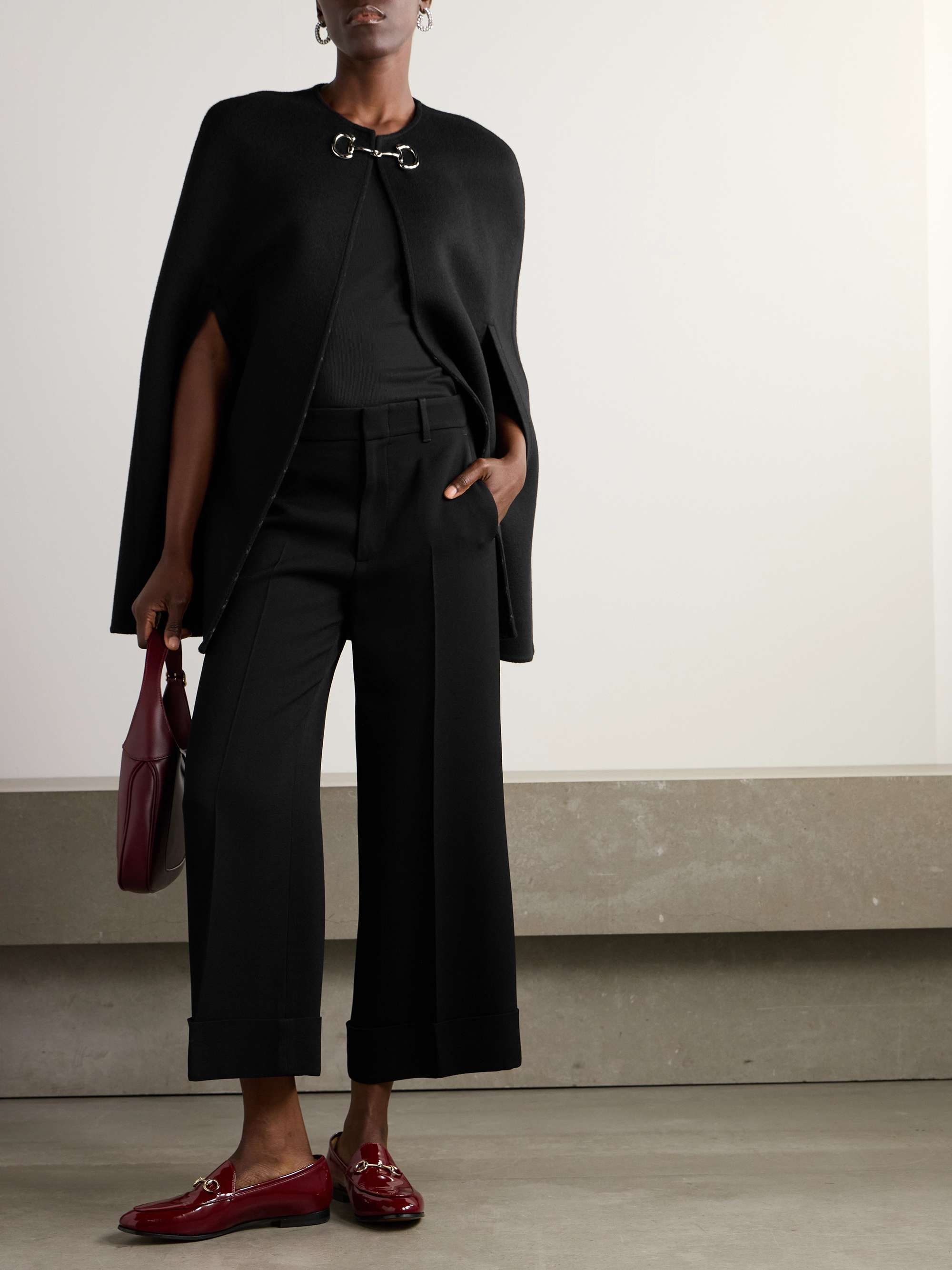 Horsebit-embellished wool and silk-blend cape view