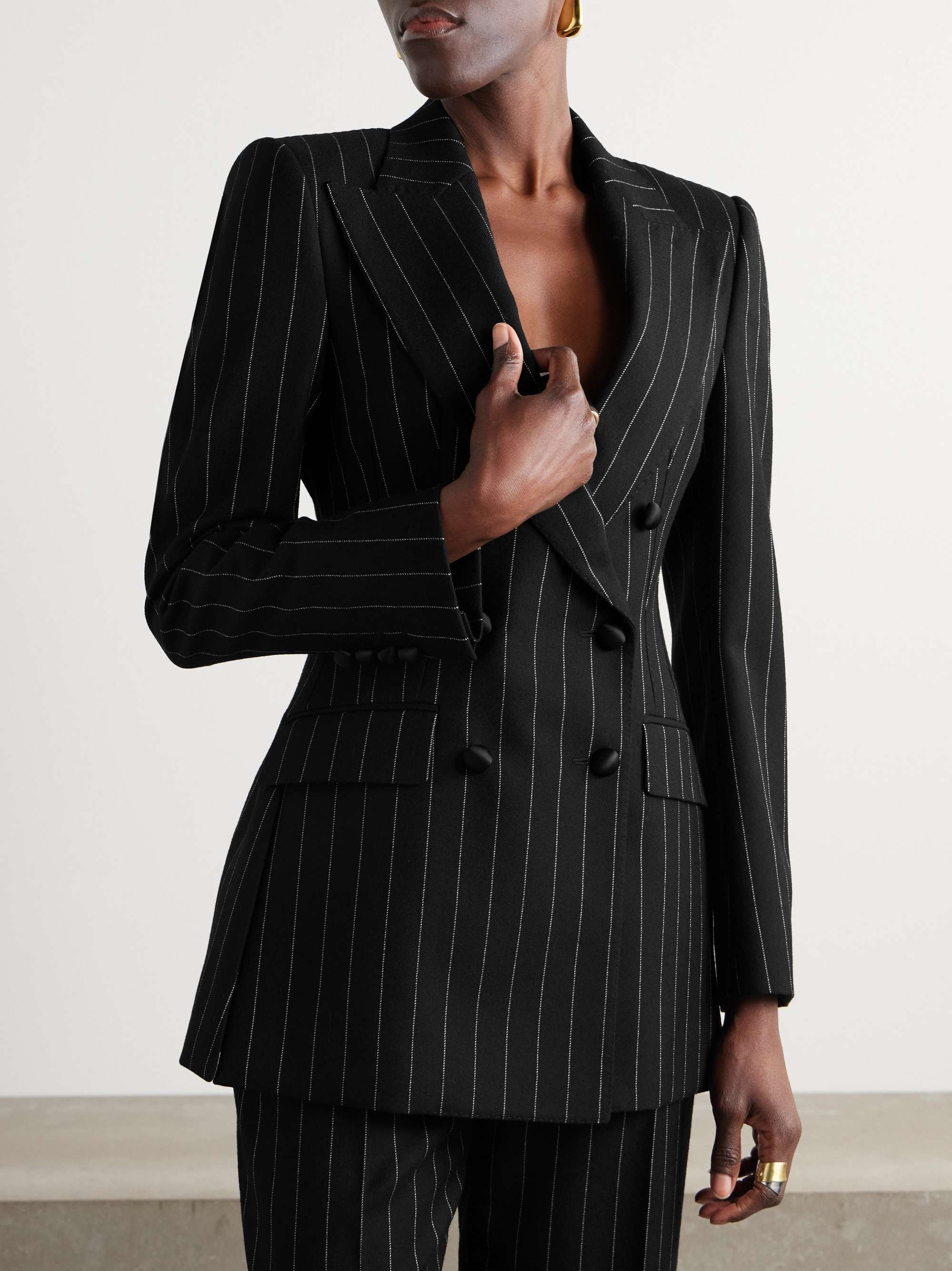 Double-breasted pinstriped wool-blend blazer view