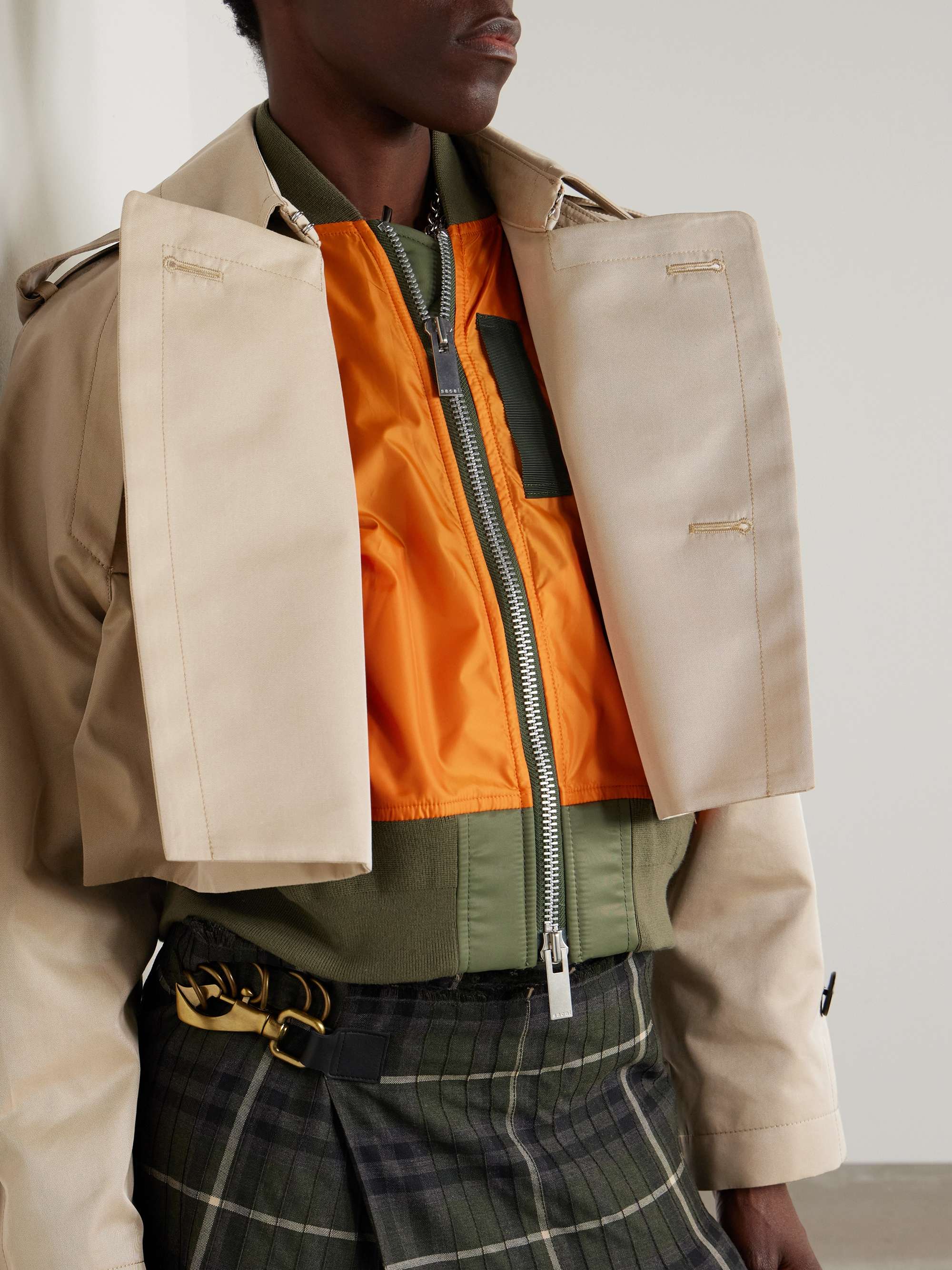 Layered shell-trimmed cotton-blend gabardine and knitted jacket view