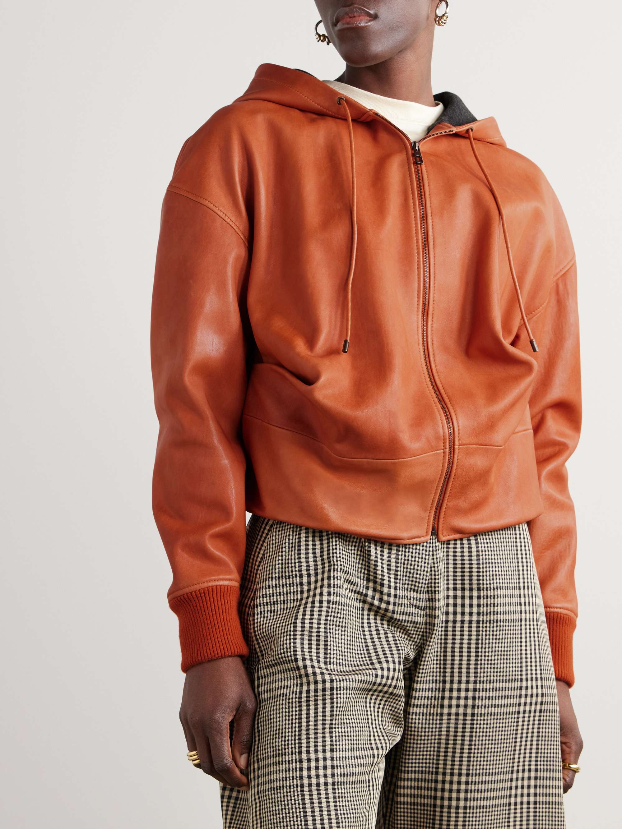 Hooded draped leather jacket view