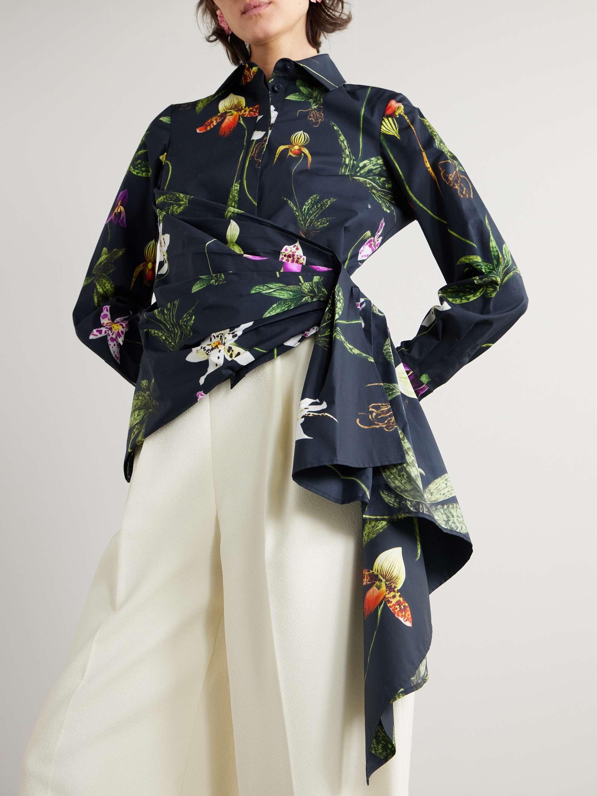 Asymmetric floral-print cotton-blend poplin shirt view