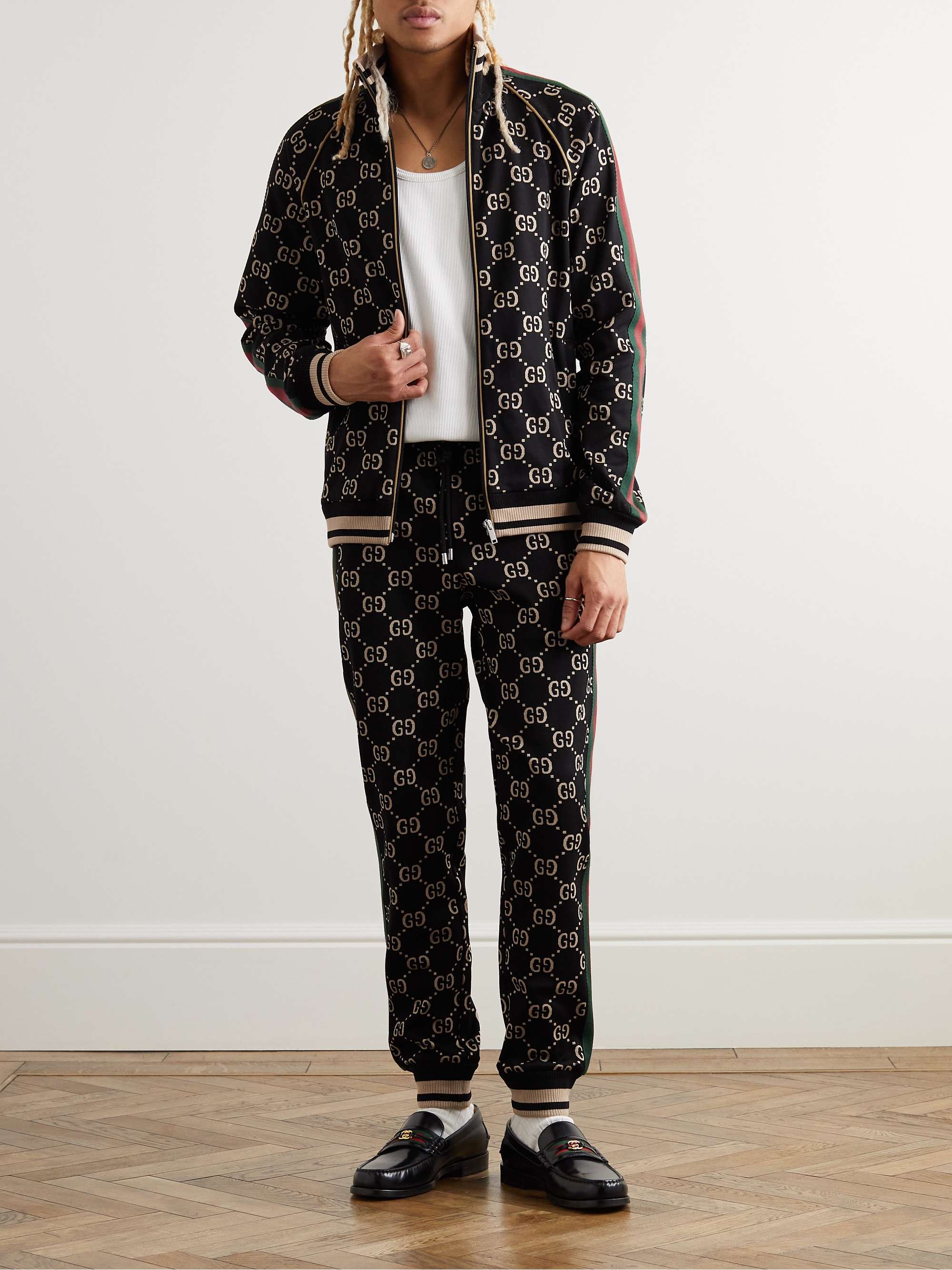 Tapered Webbing-Trimmed Monogrammed Cotton-Jersey Sweatpants view