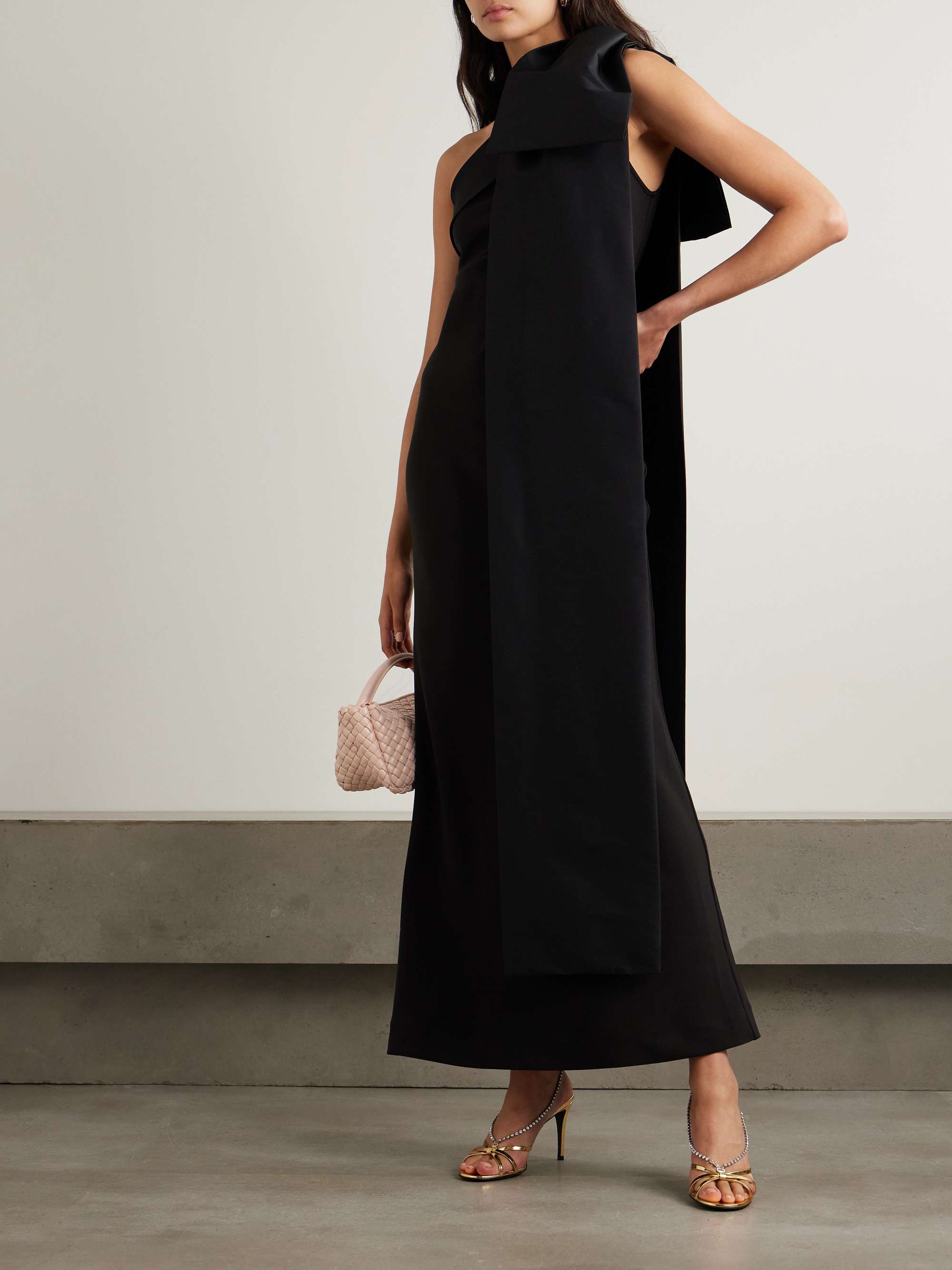 Adrian one-shoulder bow-detailed crepe and taffeta gown view