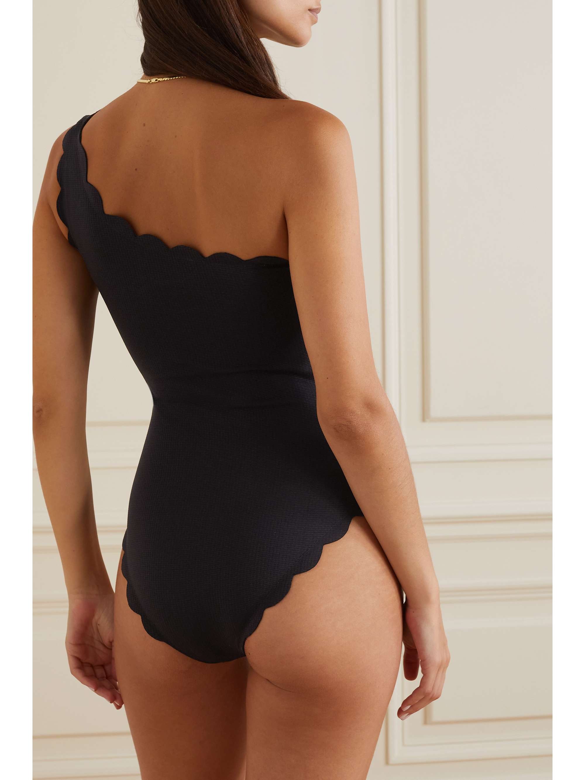 Santa Barbara one-shoulder scalloped recycled-seersucker swimsuit view
