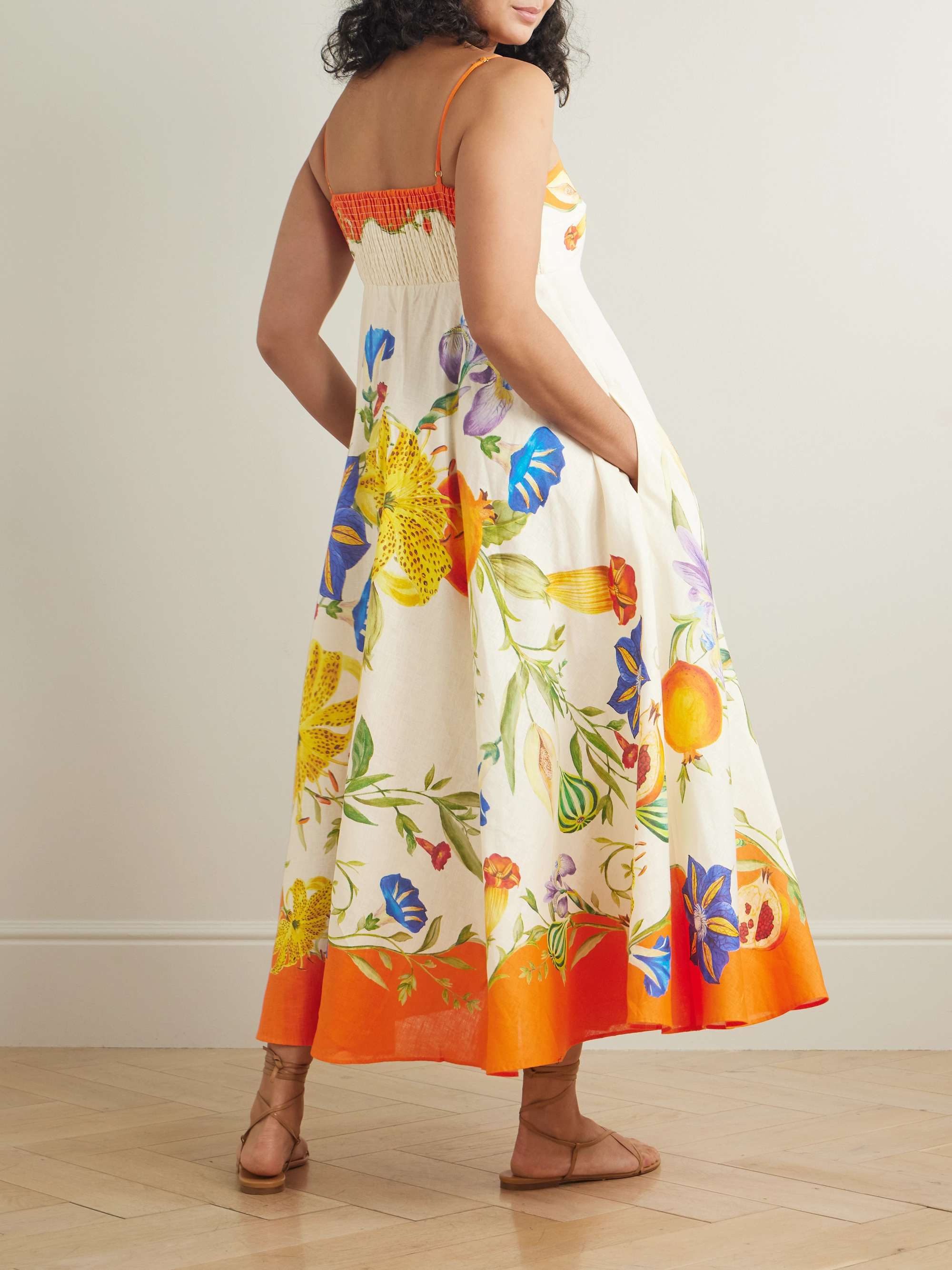 Flores floral-print smocked linen midi dress view