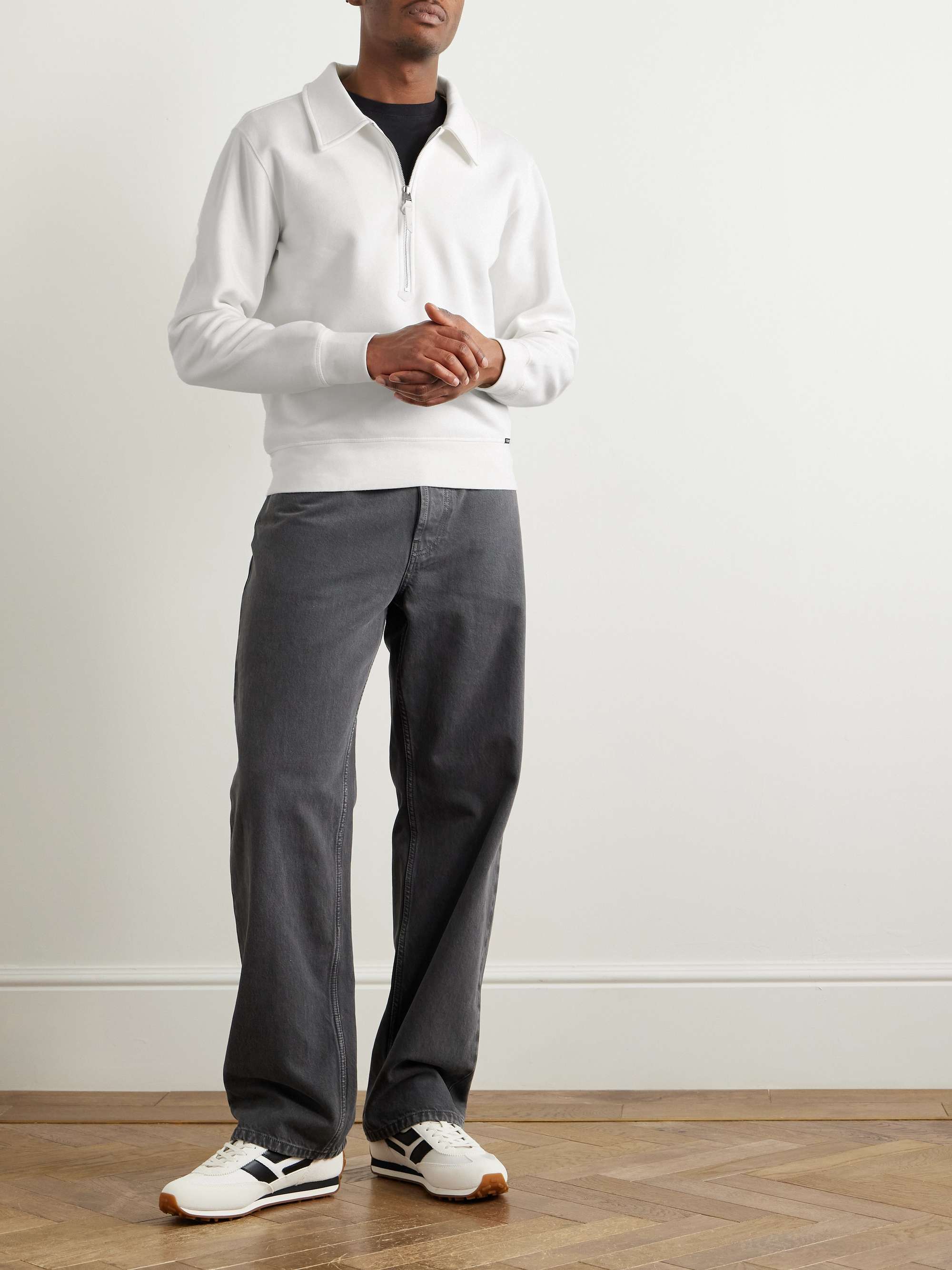 Leather-Trimmed Cotton and Cashmere-Blend Jersey Half-Zip Sweatshirt view