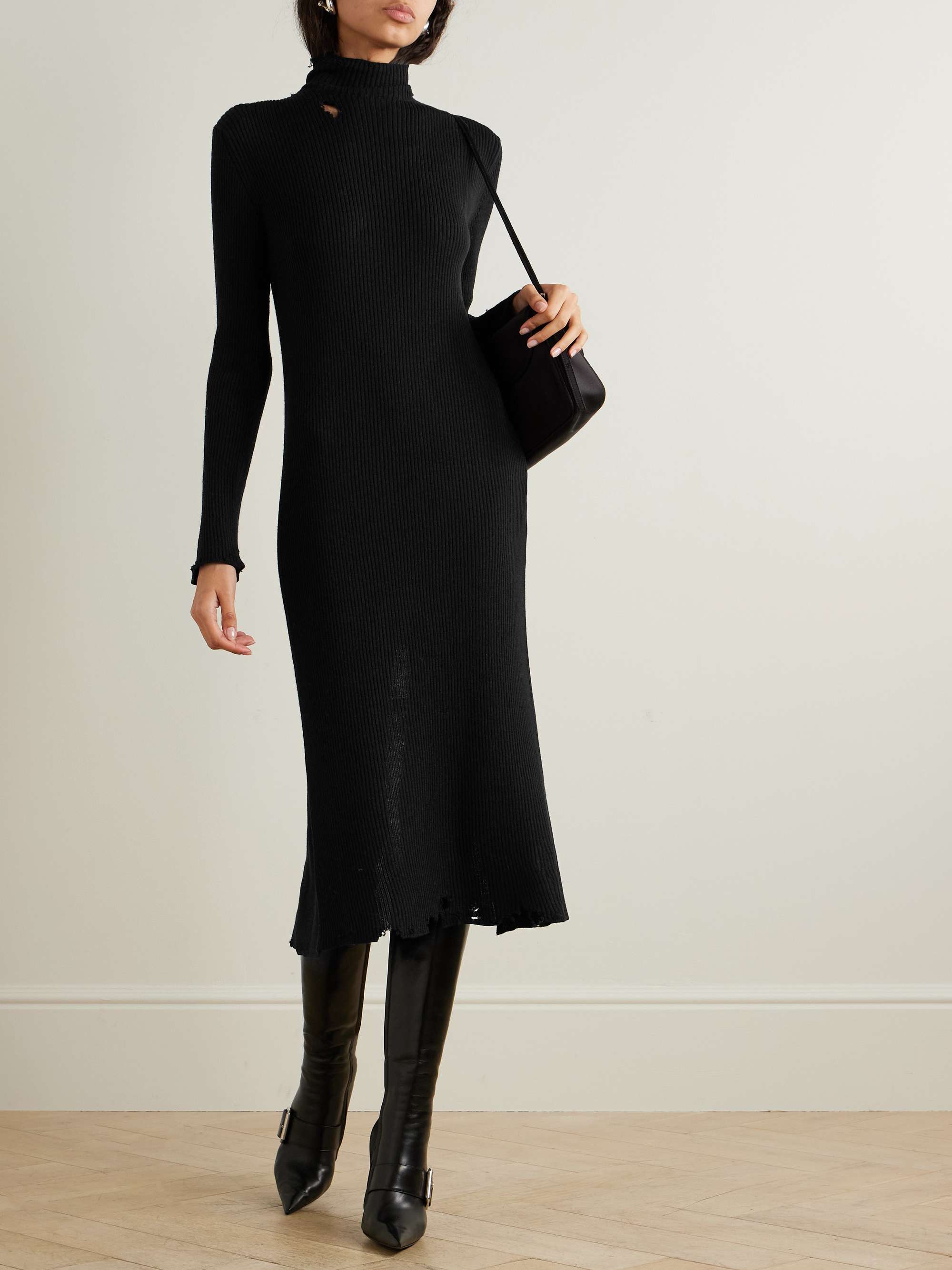 Distressed ribbed-knit turtleneck midi dress view