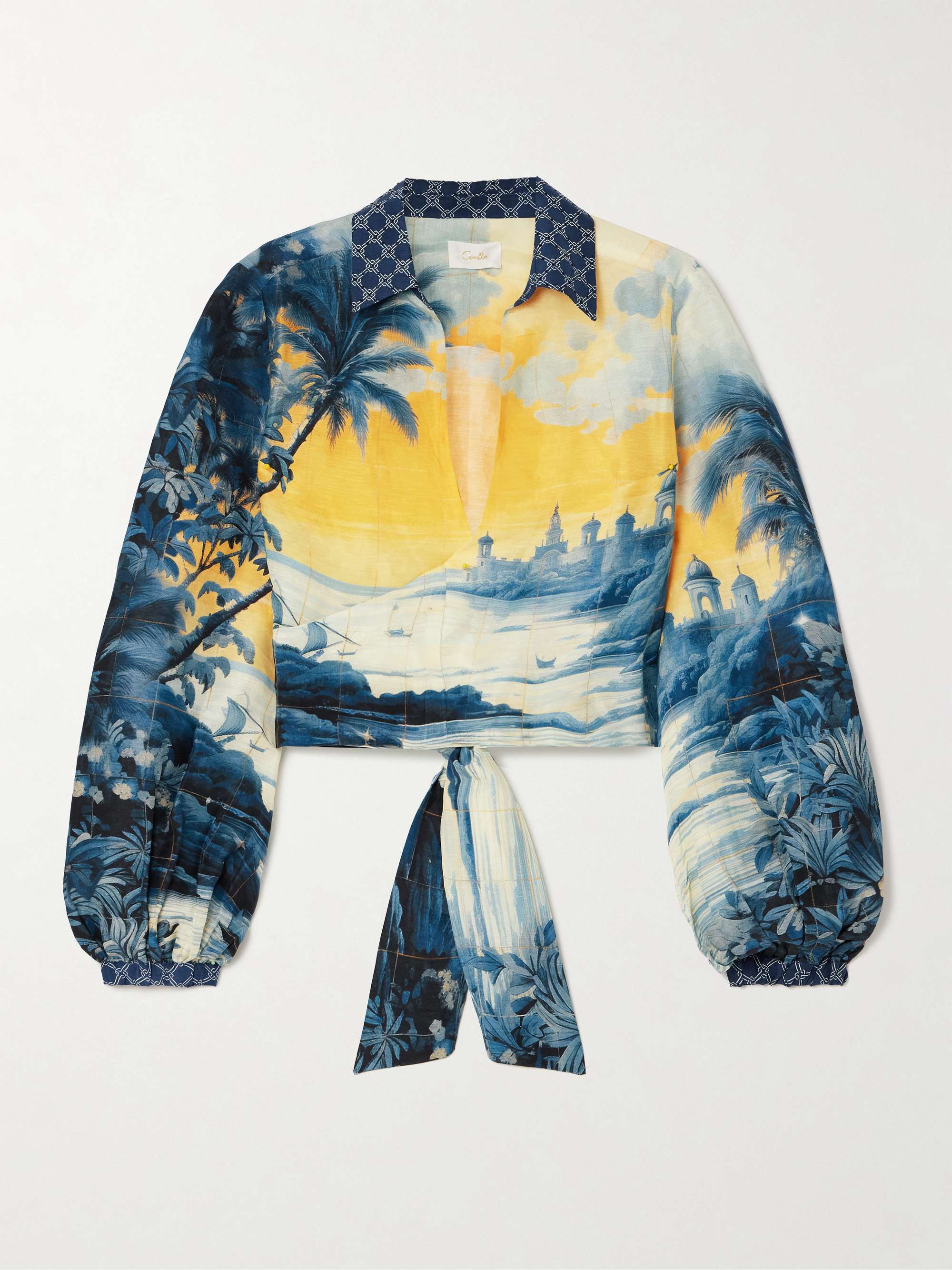 Cropped embellished printed linen and silk-blend wrap shirt view