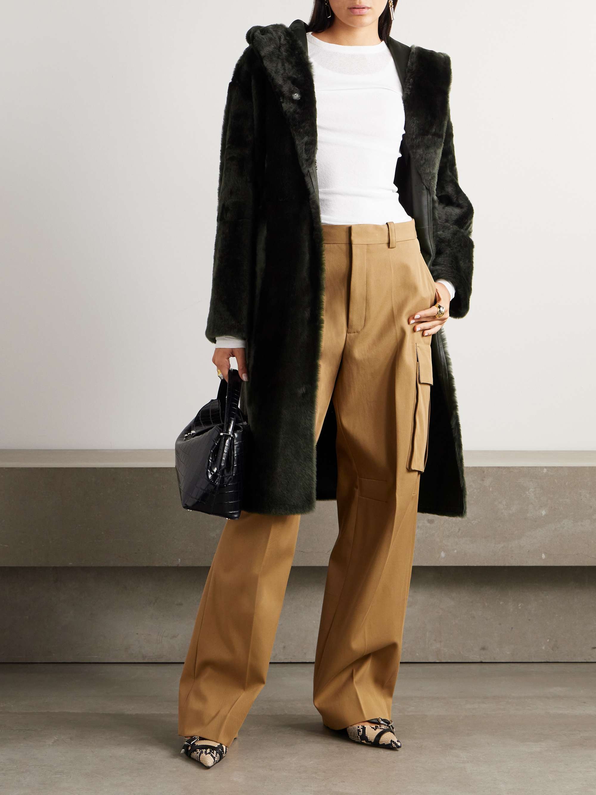 Reversible shearling hooded coat view
