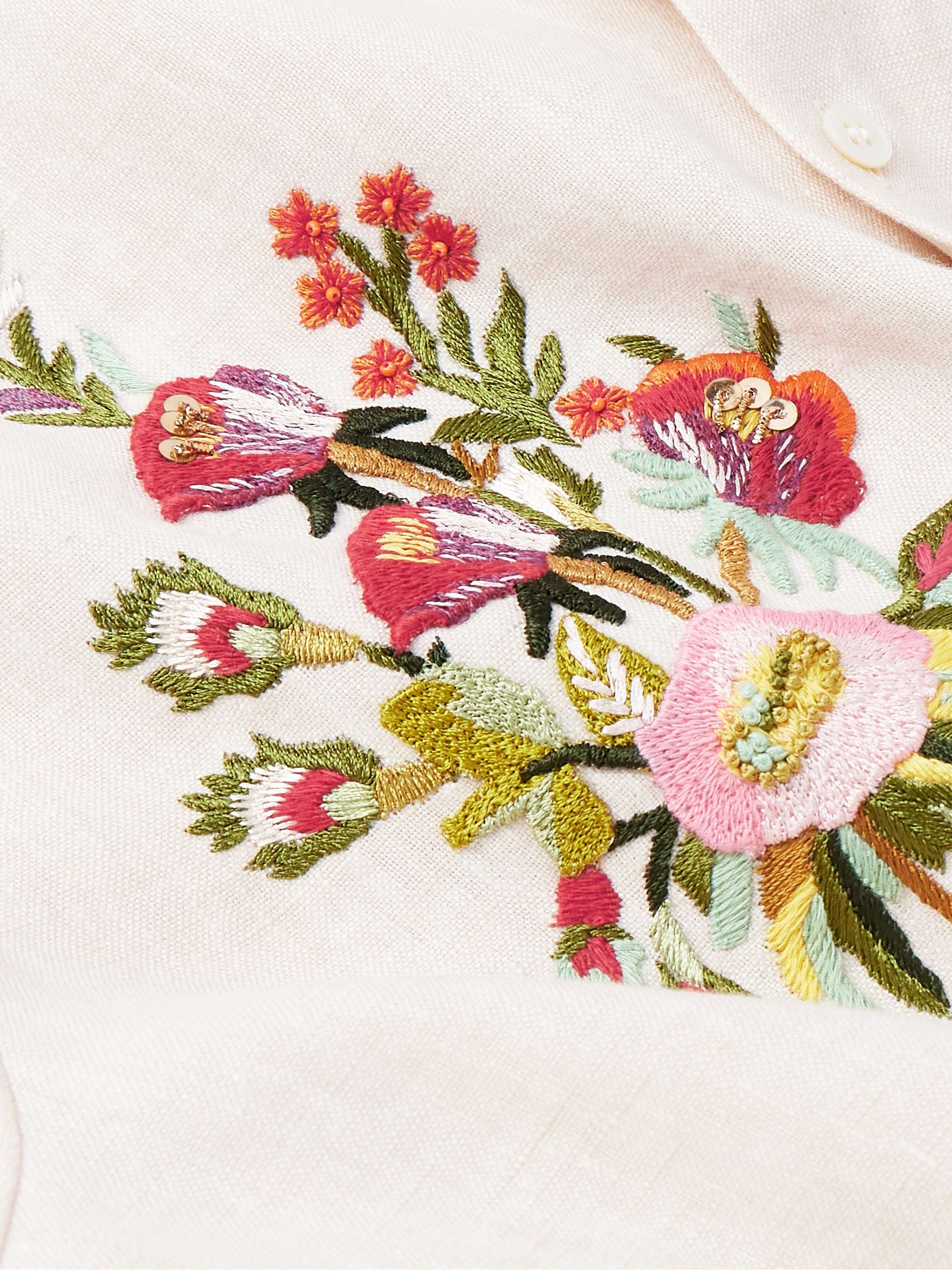 Grandad-Collar Satin-Trimmed Embroidered Linen Shirt view