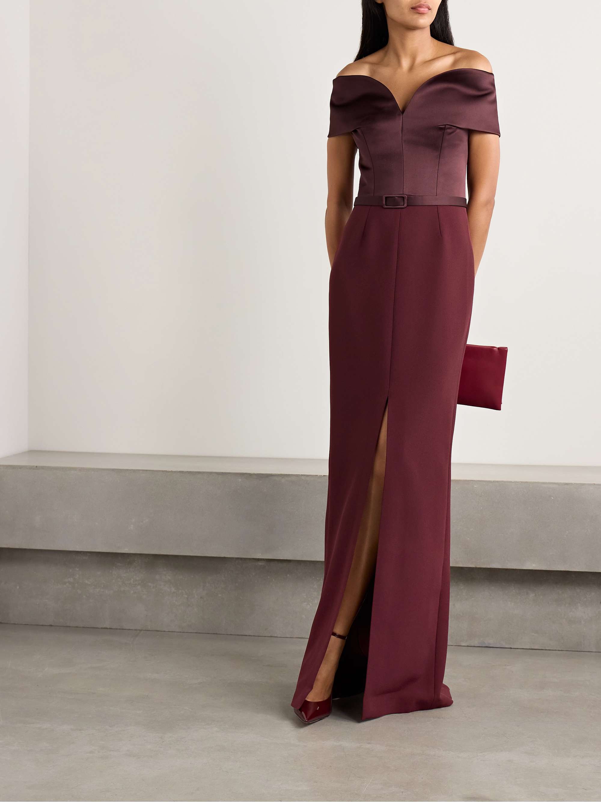 Ebren off-the-shoulder belted duchesse satin-trimmed crepe gown view