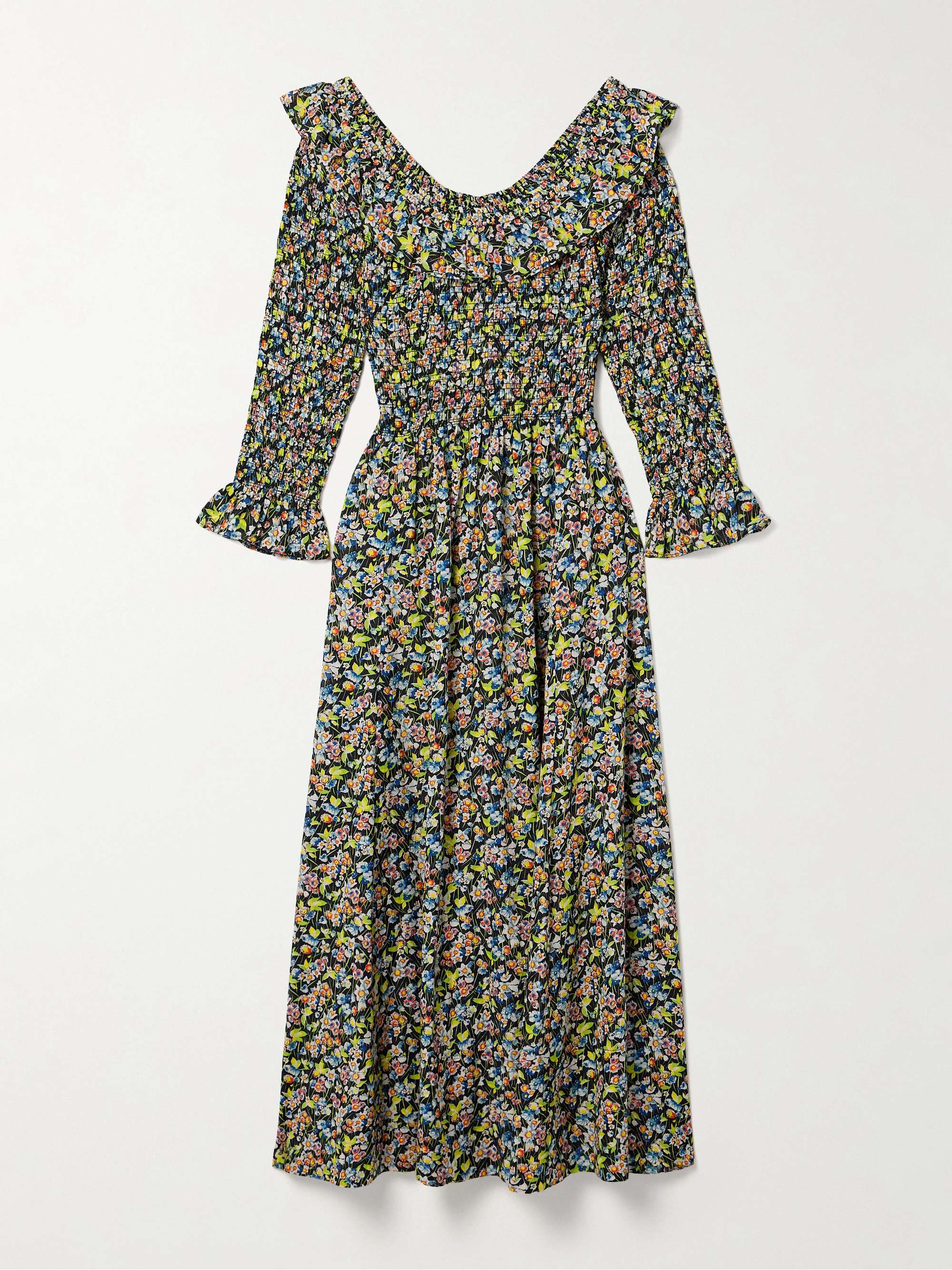 Rosenda ruffled shirred floral-print organic cotton-blend voile midi dress view
