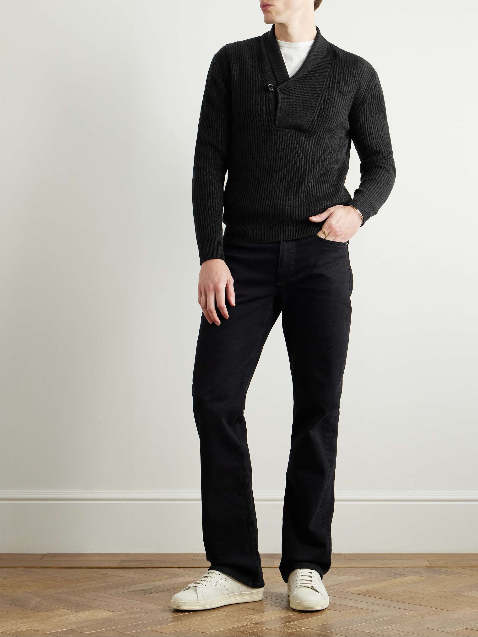 Slim-Fit Shawl-Collar Ribbed Merino Wool-Blend Half-Placket Sweater view