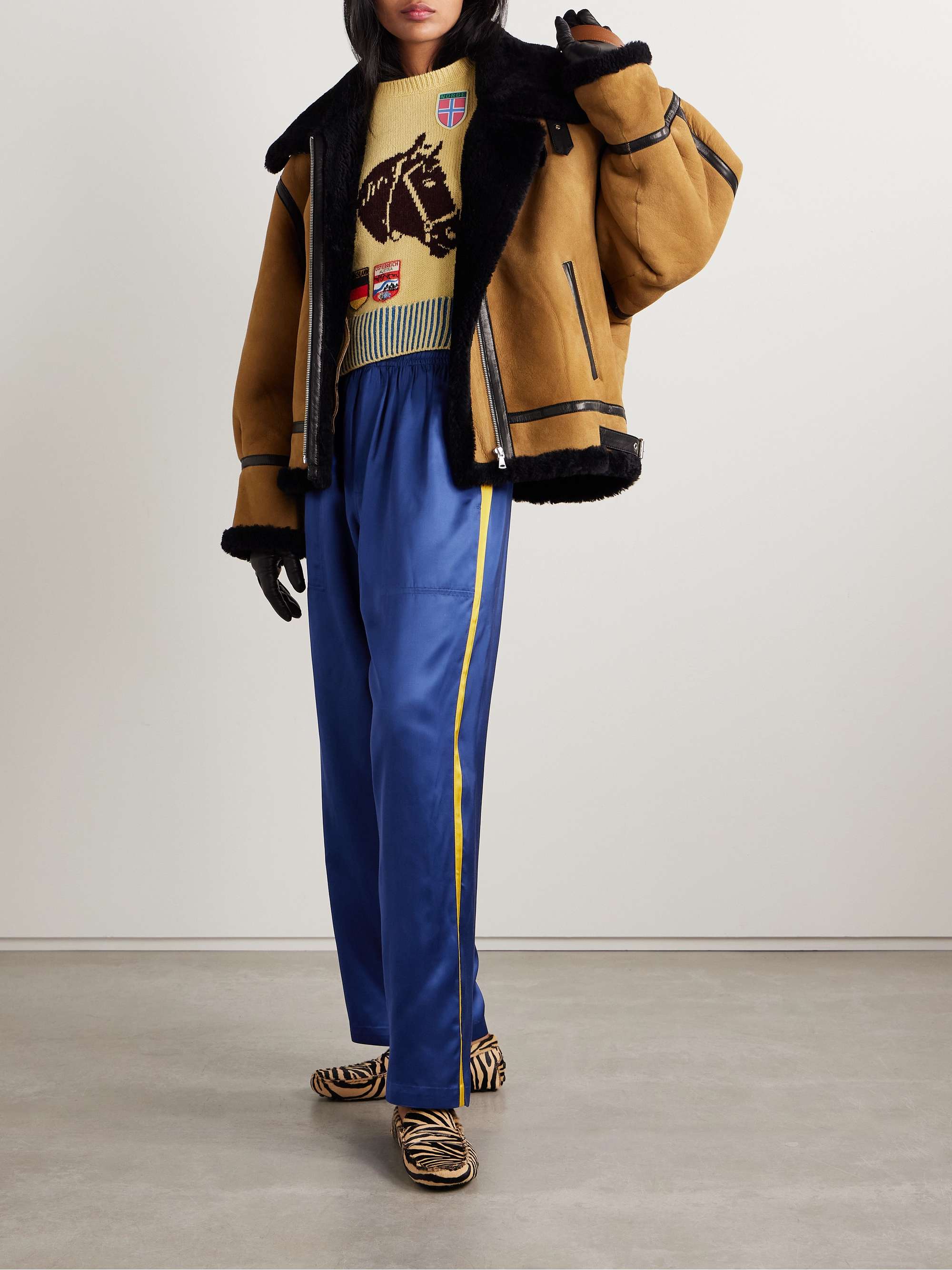 Striped satin wide-leg track pants view