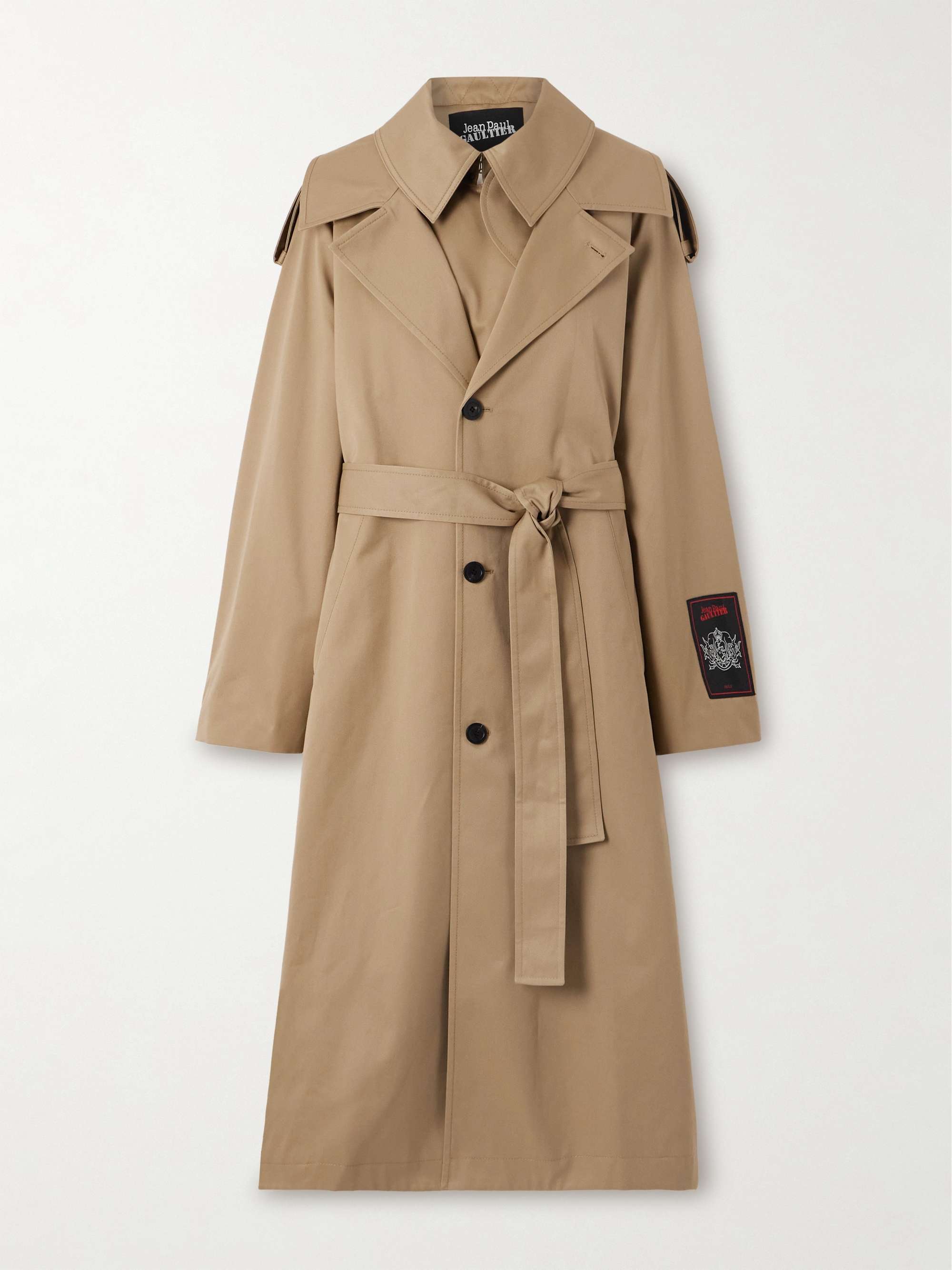 Belted layered appliquéd cotton-twill trench coat view