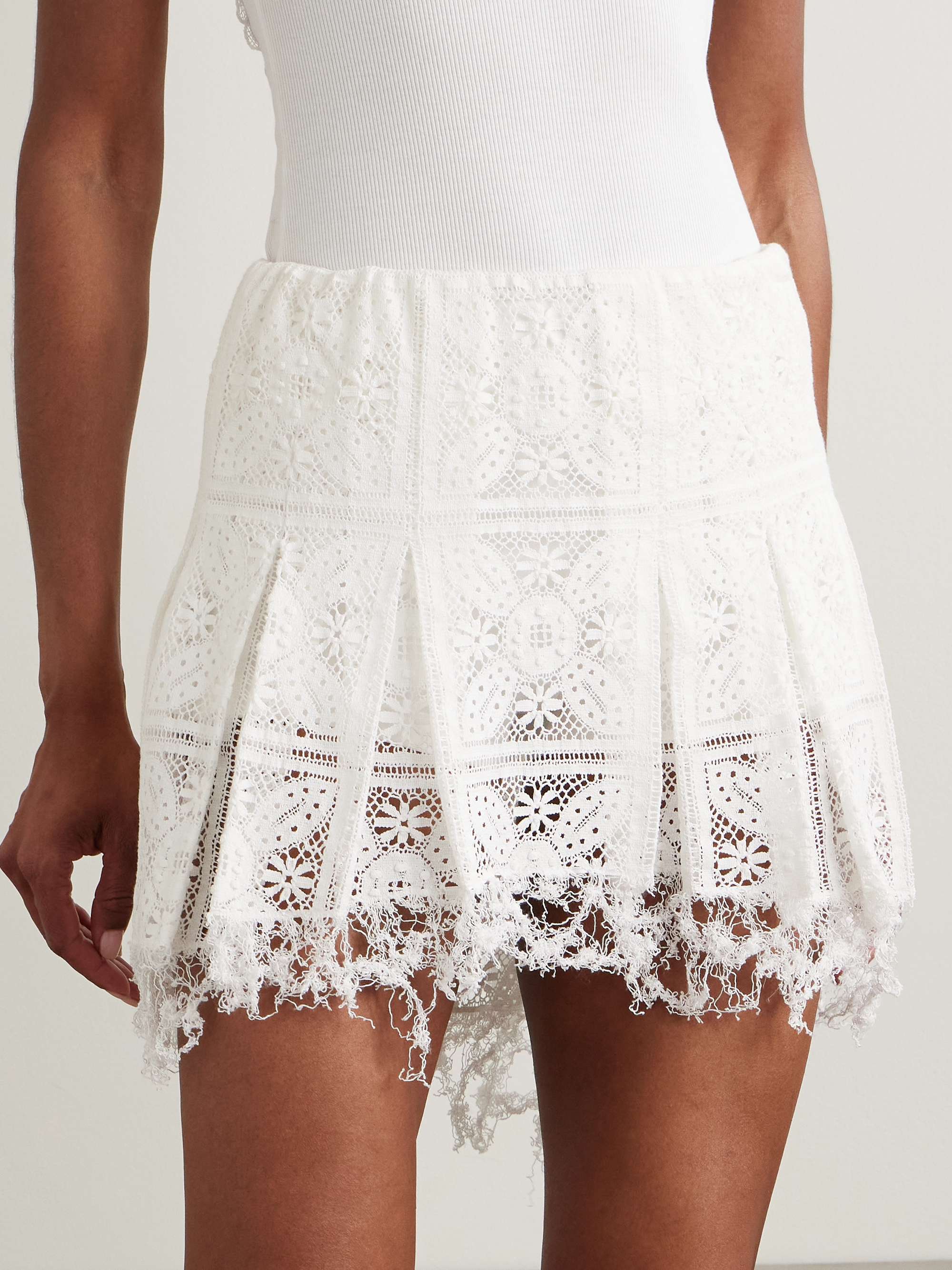 + Paula's Ibiza frayed pleated broderie anglaise cotton-blend jersey mini skirt view