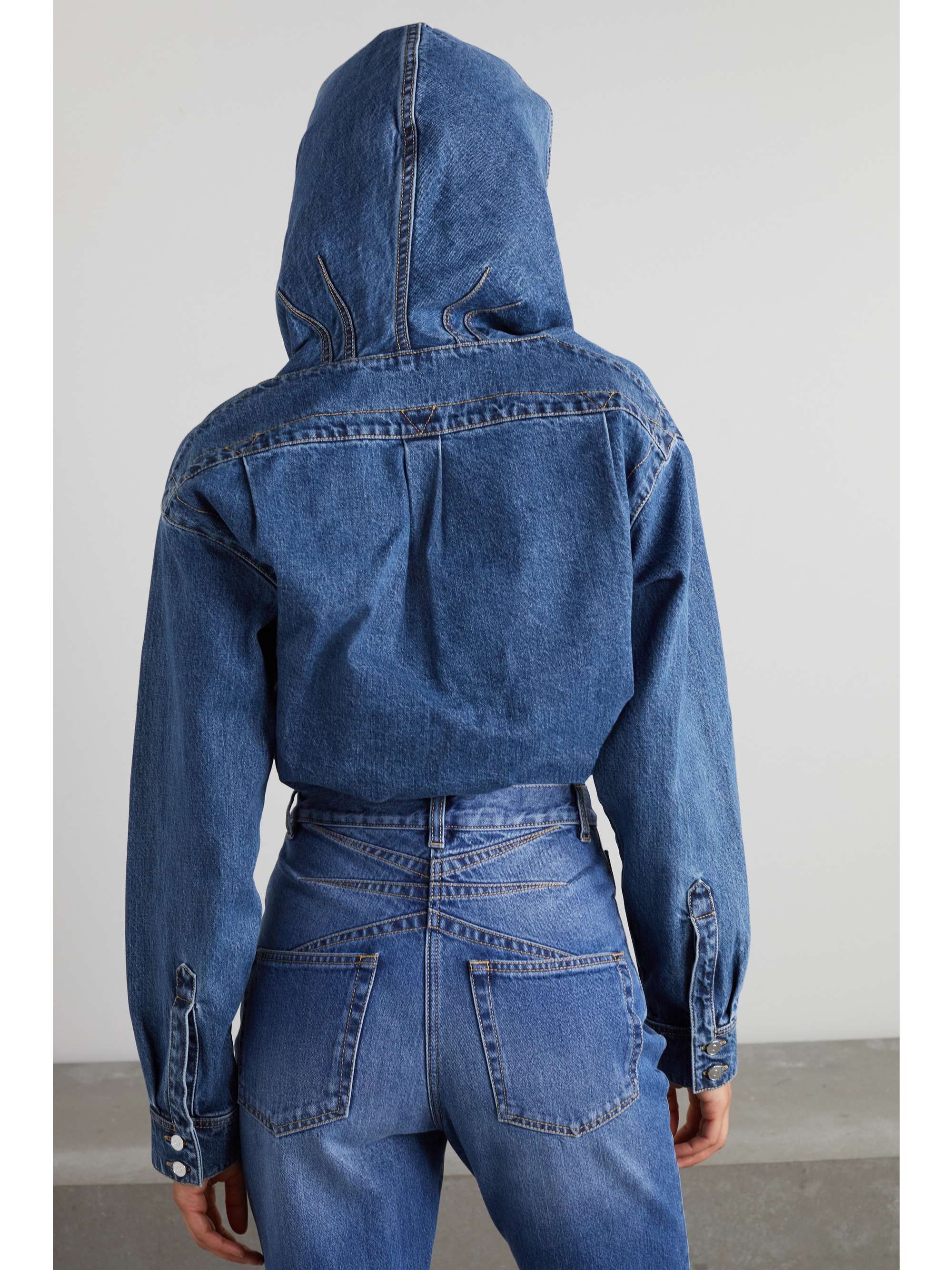 Hooded denim and stretch-knit thong bodysuit view