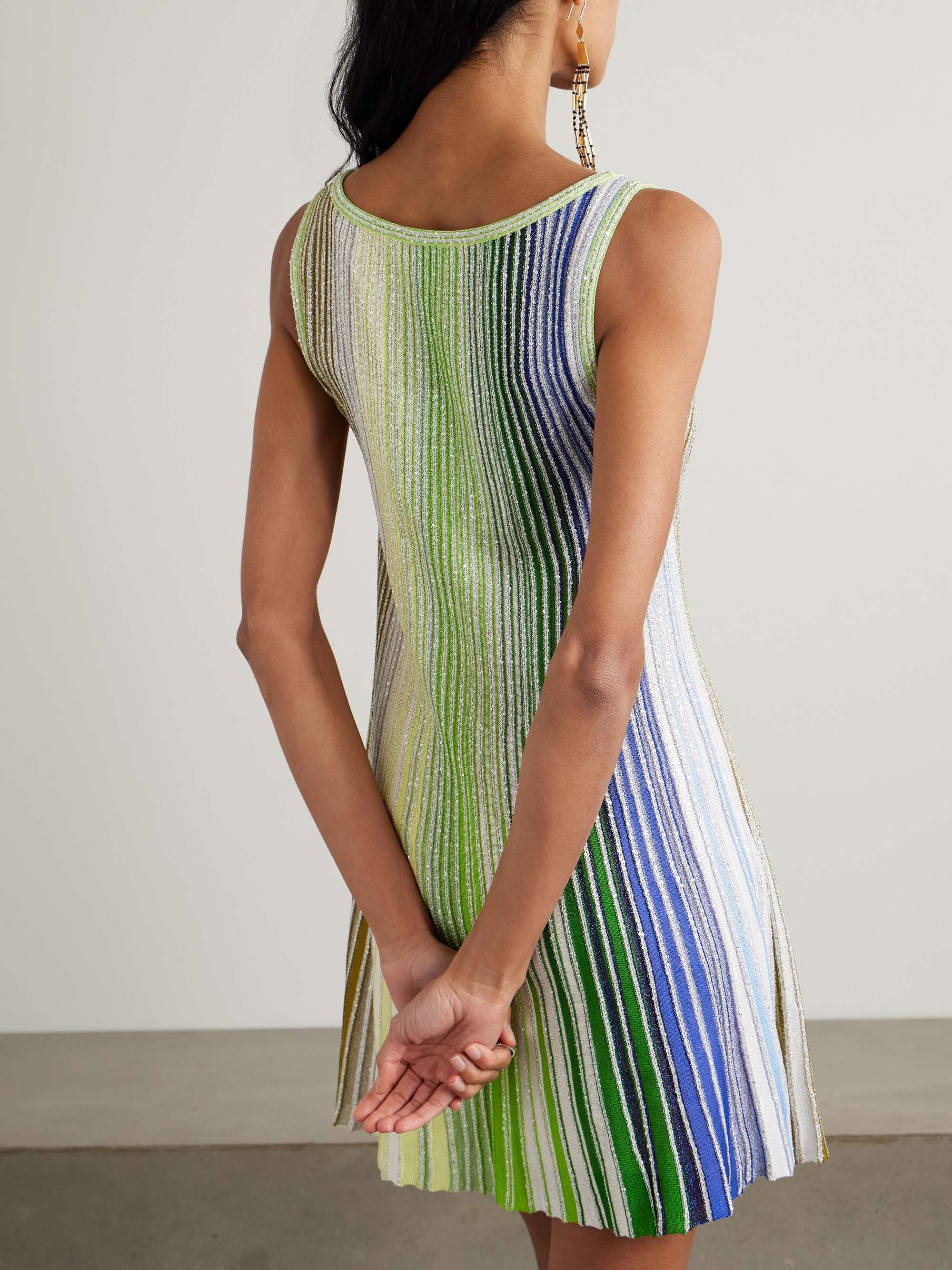 Sequin-embellished striped metallic crochet-knit mini dress view