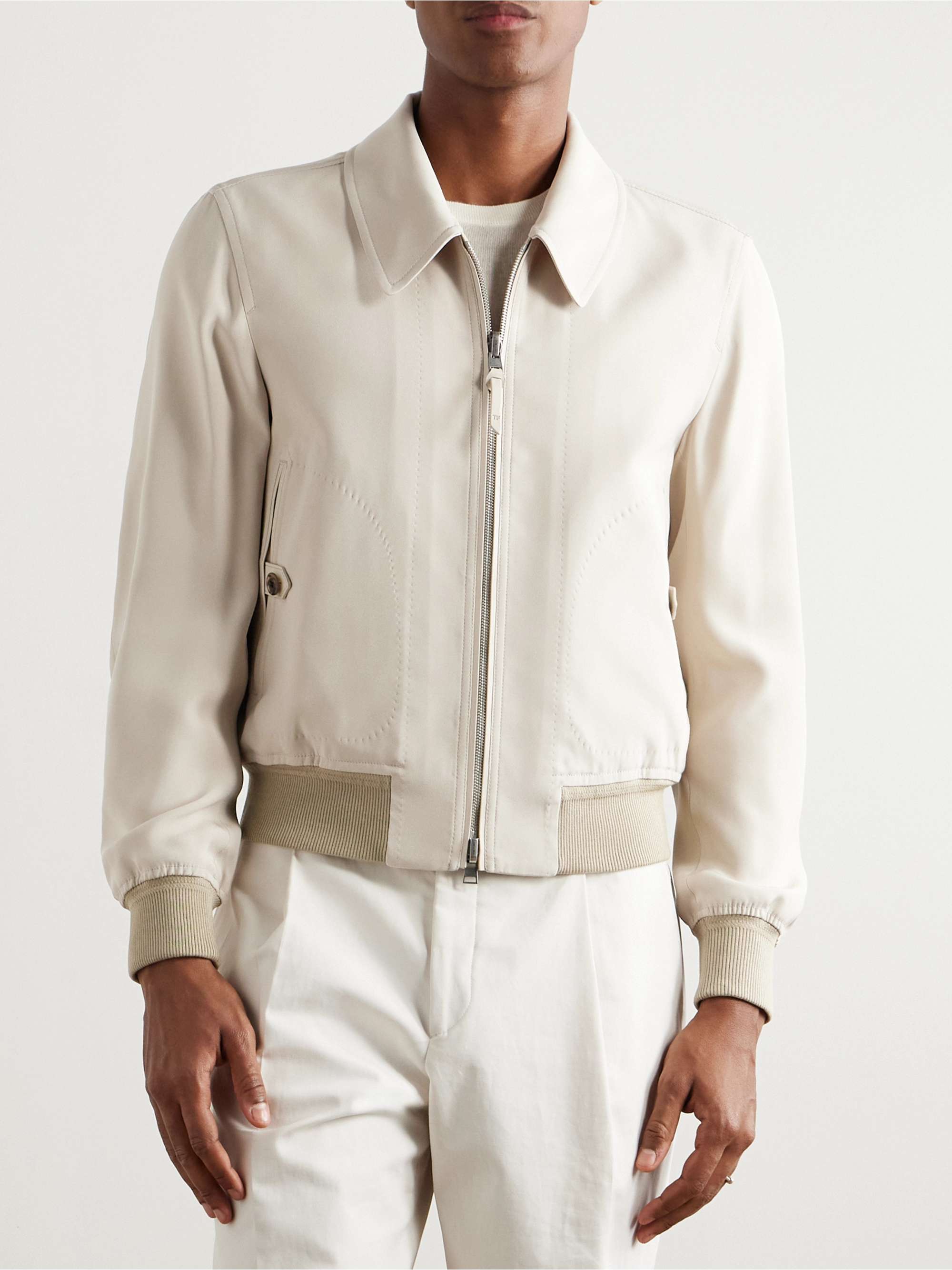 Reversible Leather-Trimmed Silk-Satin and Silk-Crepe Bomber Jacket view